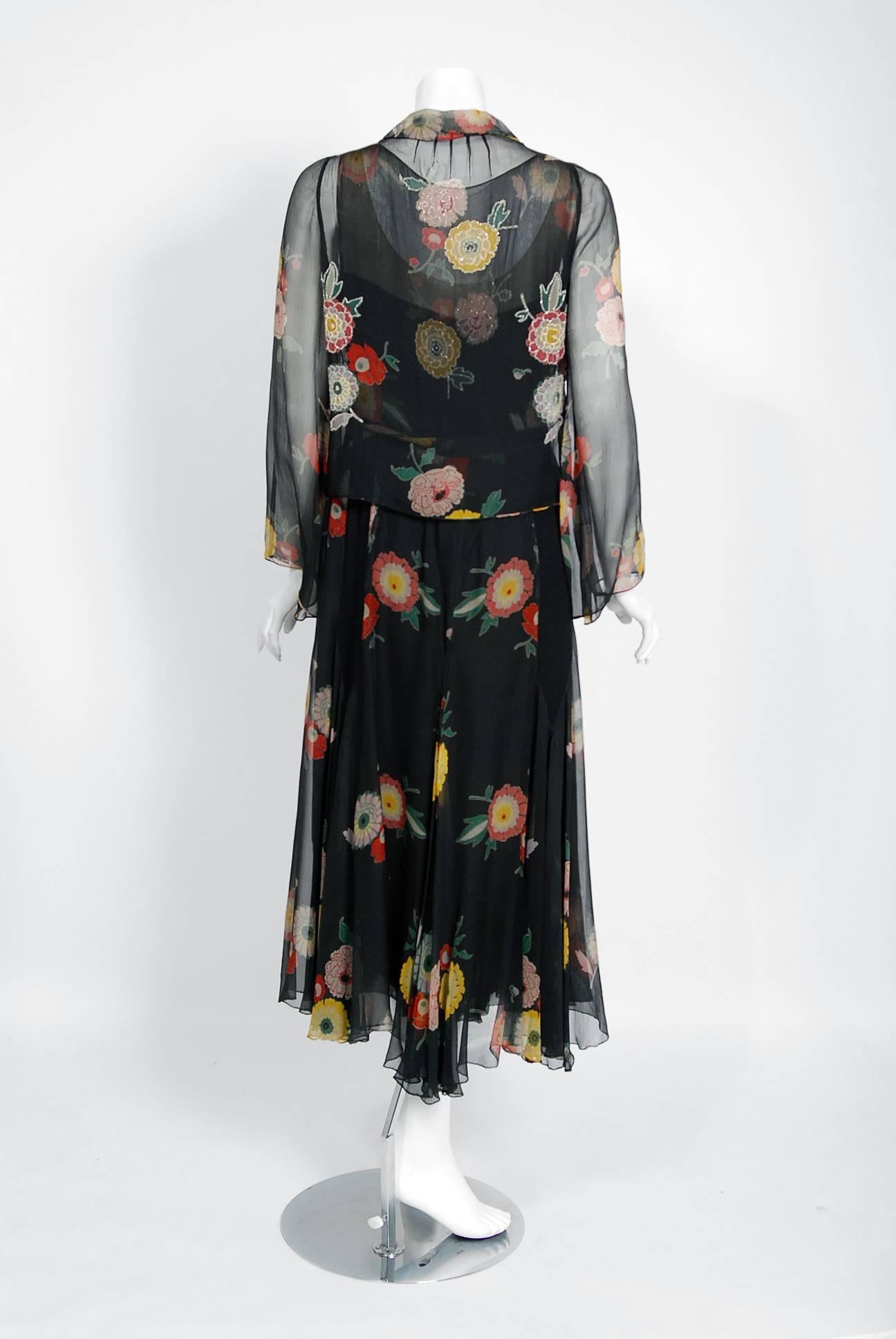 1930's Beaded Colorful Floral Print Illusion Silk-Chiffon Belted Dress & Jacket 3