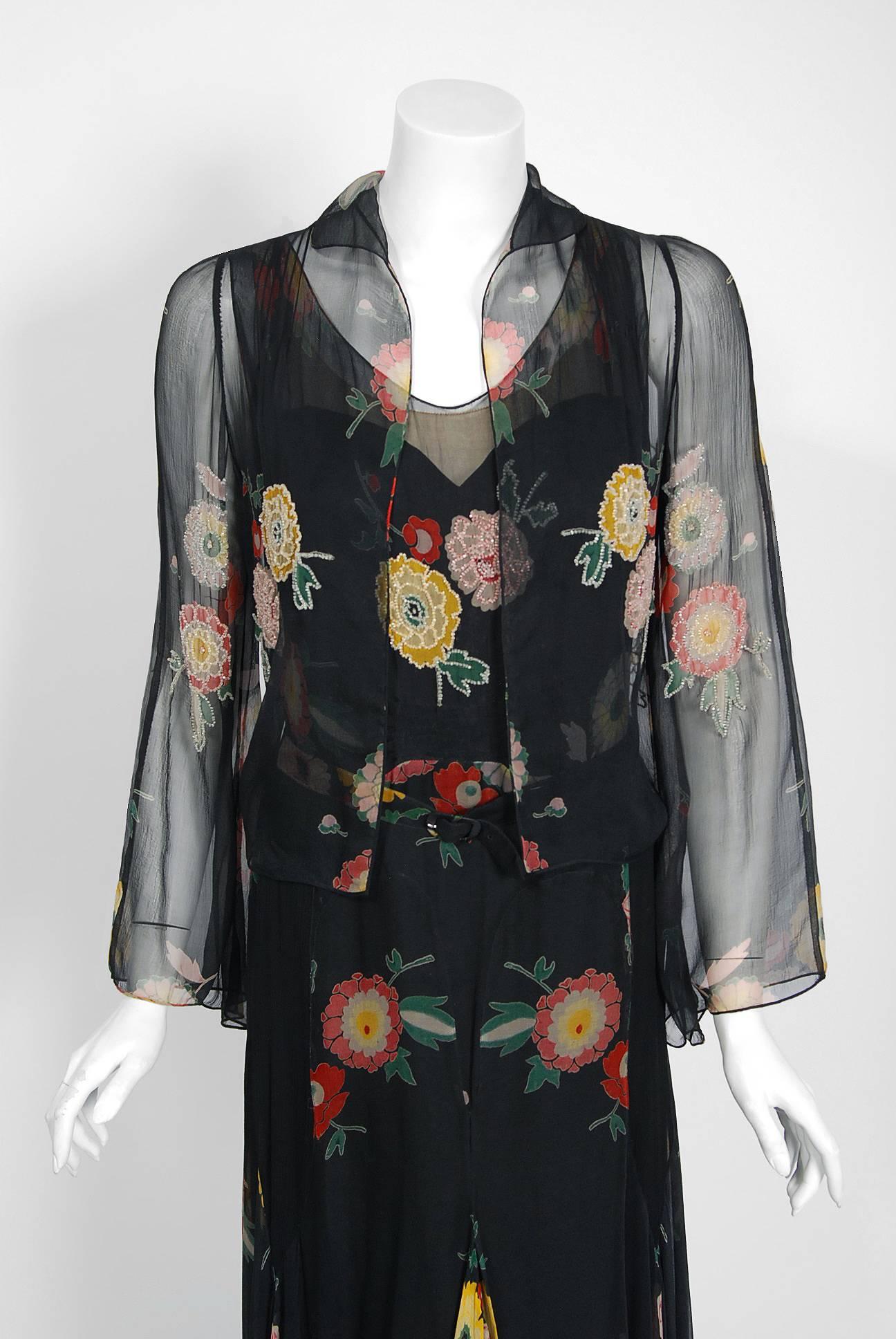 There are lots of lovely 1930's garments still around, but every once in a while I come across one that sets my heart a flutter! This is an extraordinarily beautiful and exceptional early 1930's museum quality silk-chiffon three piece ensemble. The