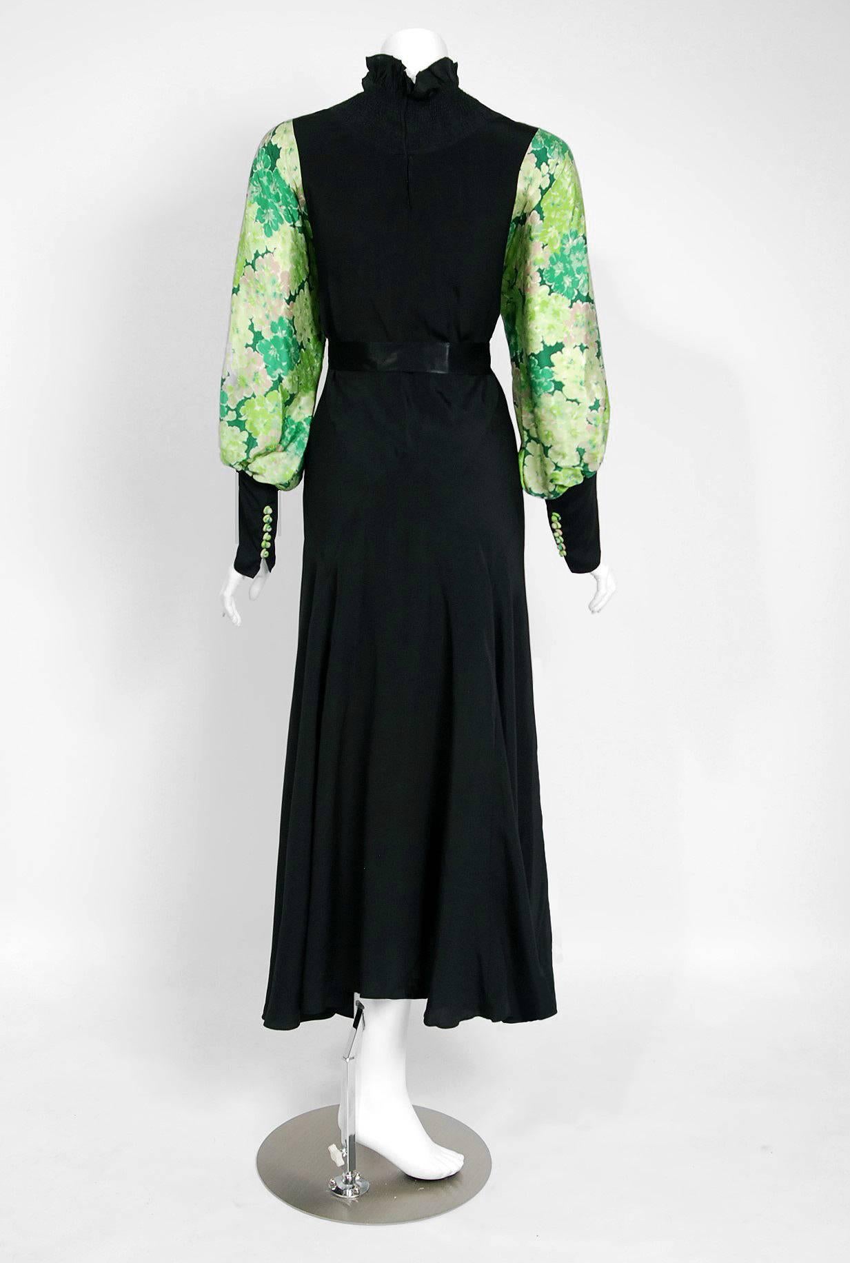 1930's French Black & Green Print Silk Billow Sleeve Smocked Bias-Cut Dress 3