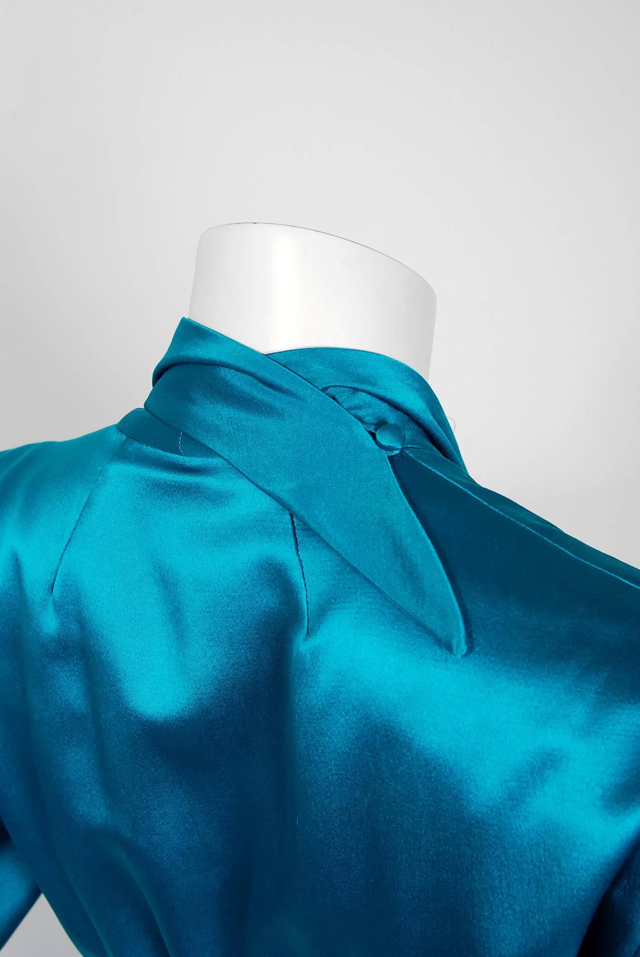 Vintage 1978 Halston Couture Teal Blue Silk Satin Long-Sleeve Belted Wrap Gown  In Good Condition In Beverly Hills, CA