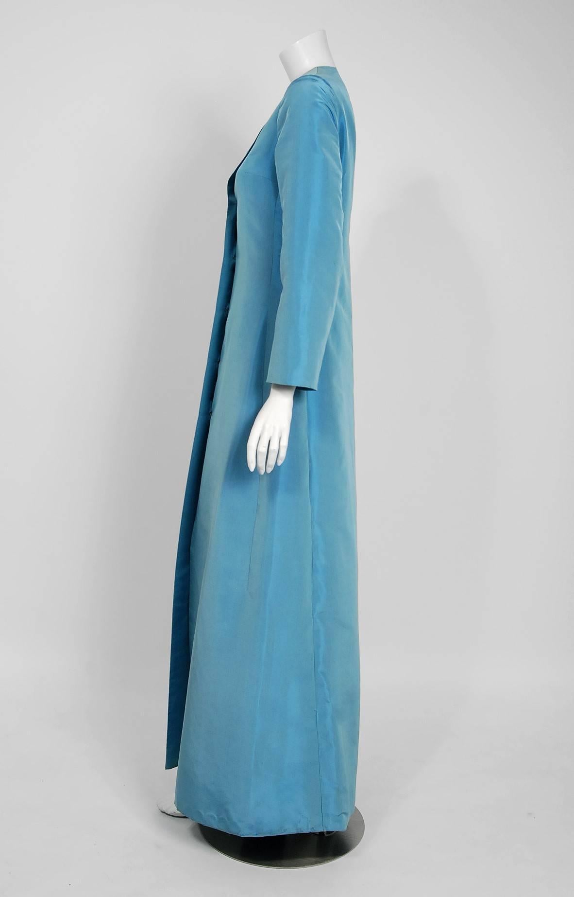 Vintage 1964 Christian Dior Haute Couture Blue Silk Faille Full Length Jacket In Good Condition In Beverly Hills, CA