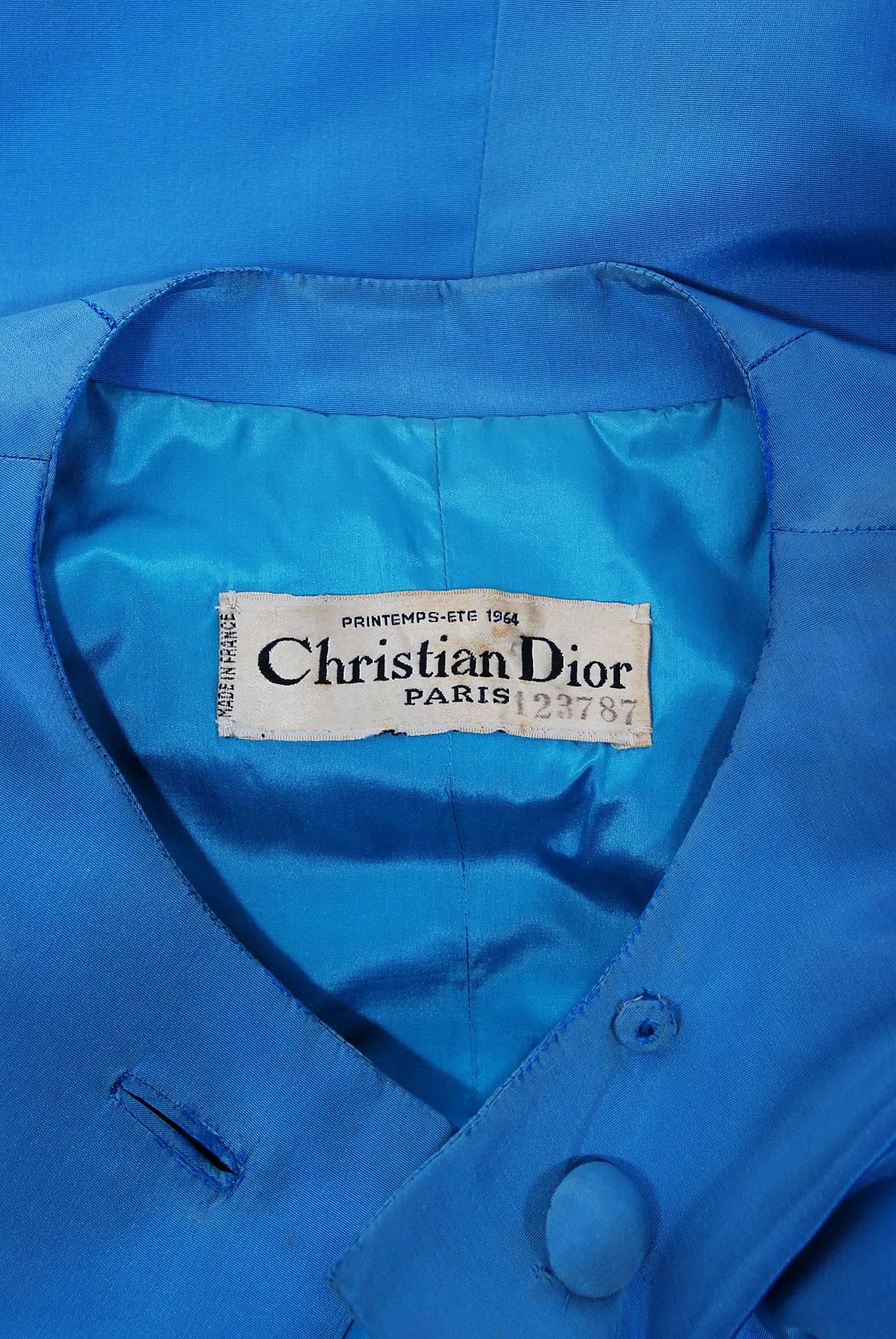 Vintage 1964 Christian Dior Haute Couture Blue Silk Faille Full Length Jacket 1