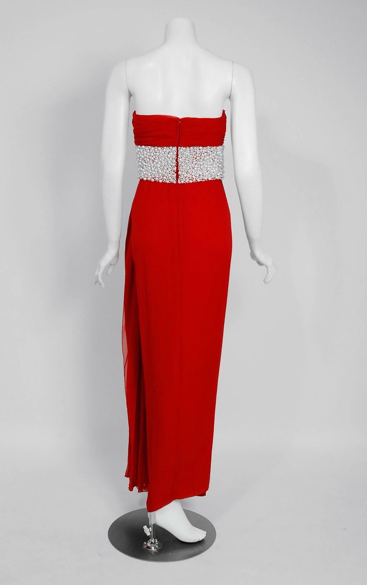 Women's 1962 Galanos Ruby-Red Draped Silk Chiffon Pearl Beaded Strapless Evening Gown