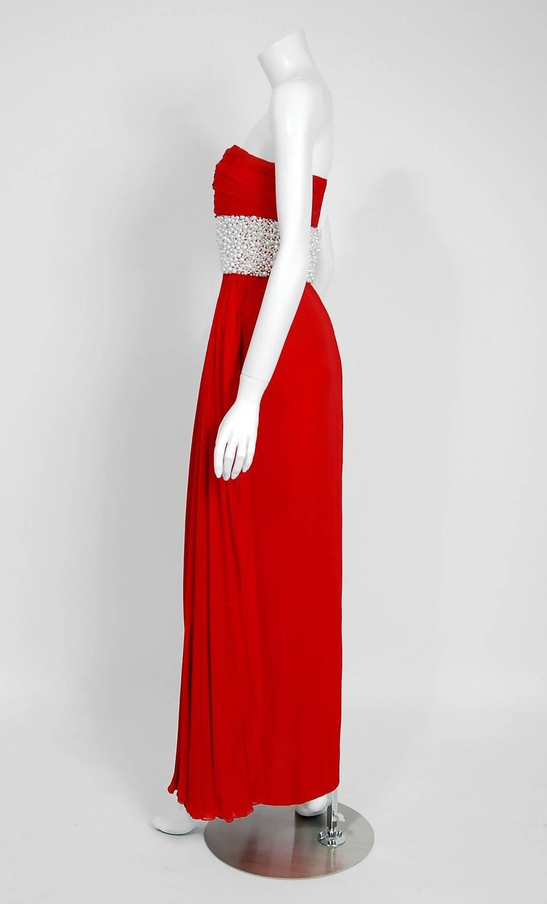 1962 Galanos Ruby-Red Draped Silk Chiffon Pearl Beaded Strapless Evening Gown 1