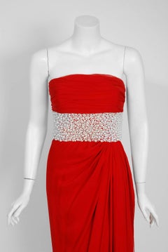 1962 Galanos Ruby-Red Draped Silk Chiffon Pearl Beaded Strapless Evening Gown