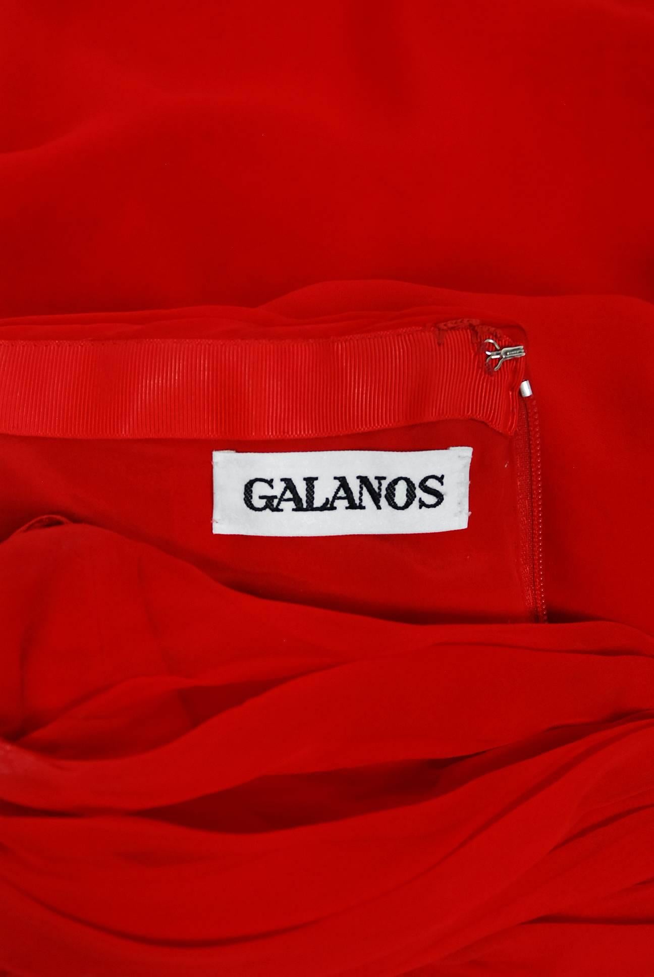 1962 Galanos Ruby-Red Draped Silk Chiffon Pearl Beaded Strapless Evening Gown 2