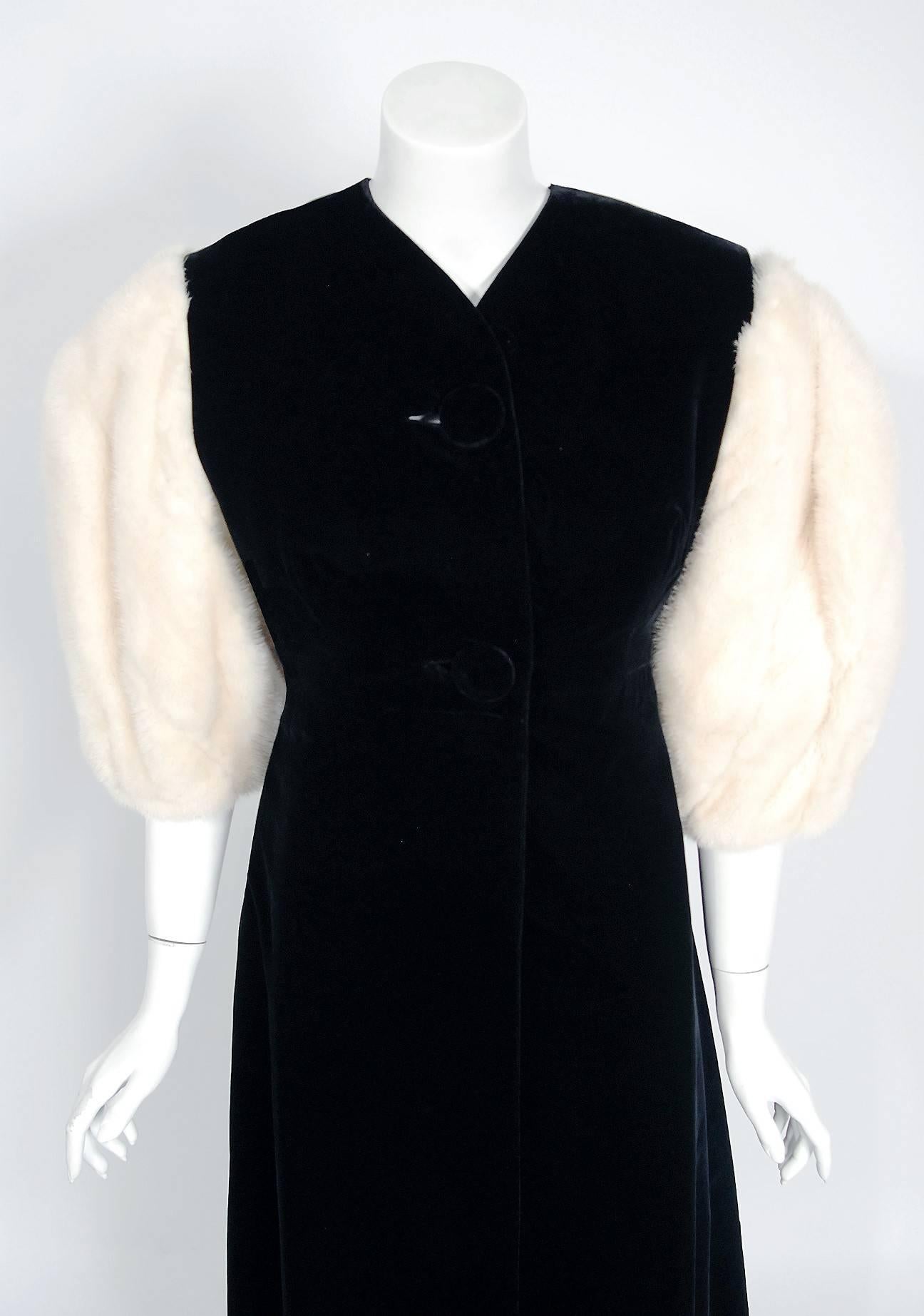 Women's 1953 Irene Lentz Couture Black Velvet & Mink Fur Puff-Sleeve Gown Ensemble