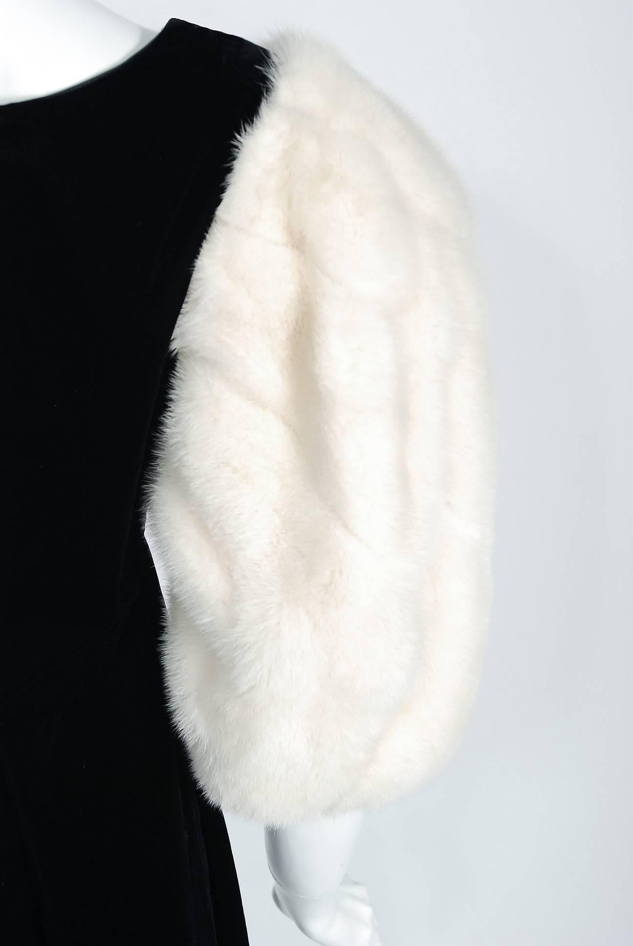 1953 Irene Lentz Couture Black Velvet & Mink Fur Puff-Sleeve Gown Ensemble 1
