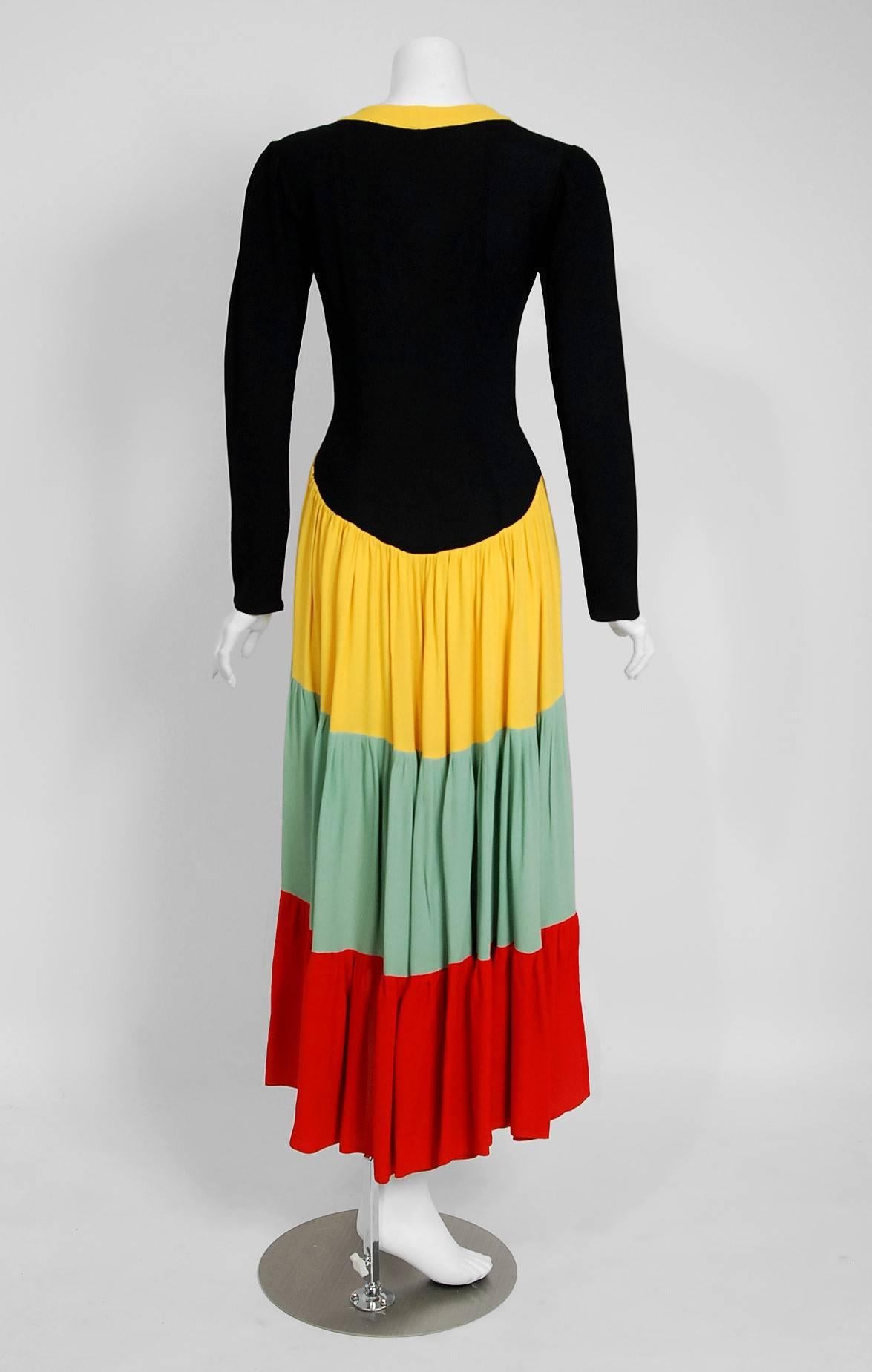 Beige 1970 Ossie Clark Couture Traffic Light Block-Color Tiered Crepe Plunge Dress