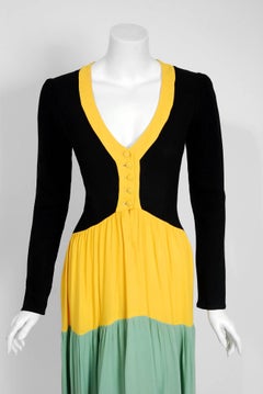 1970 Ossie Clark Couture Traffic Light Block-Color Tiered Crepe Plunge Dress