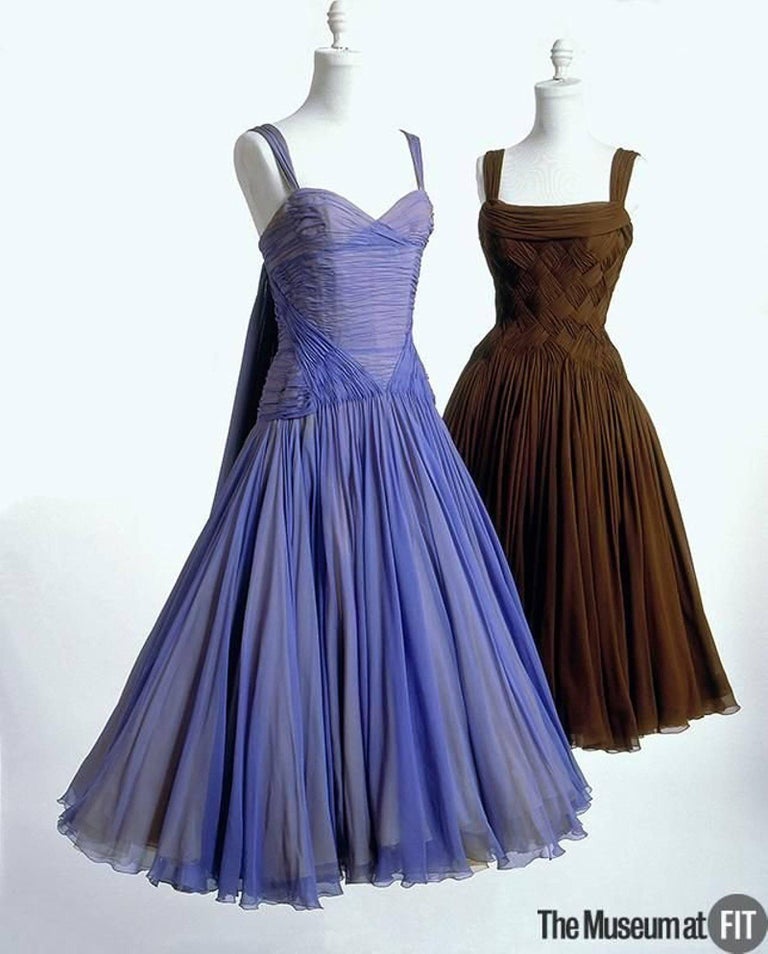 Women's Vintage 1960s Carven Couture Seafoam Green Ribbon Weave Chiffon Full-Skirt Dress For Sale