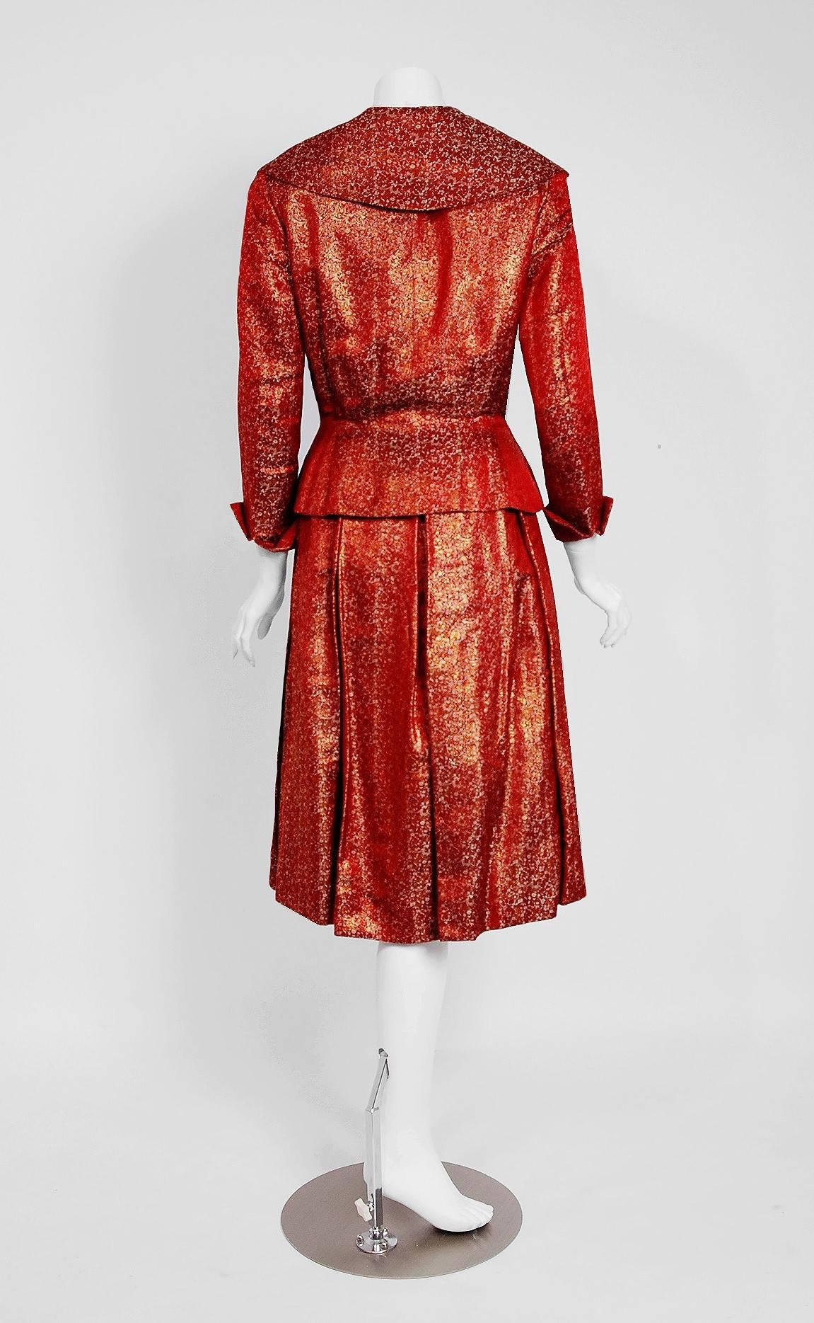 Vintage 1950's Egyptian Couture Metallic Burgundy Red Silk Brocade Dress Suit  In Good Condition In Beverly Hills, CA