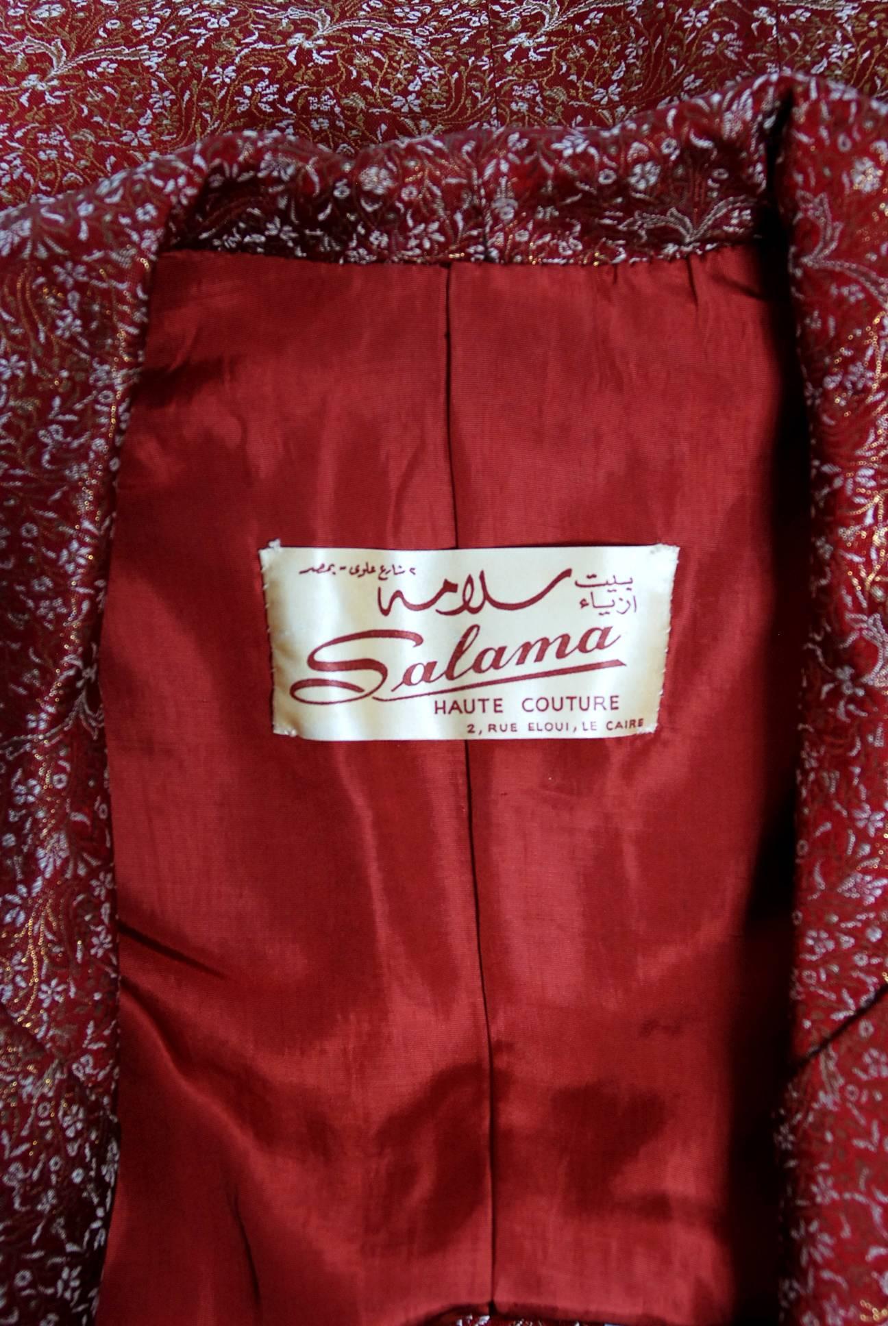 Women's Vintage 1950's Egyptian Couture Metallic Burgundy Red Silk Brocade Dress Suit