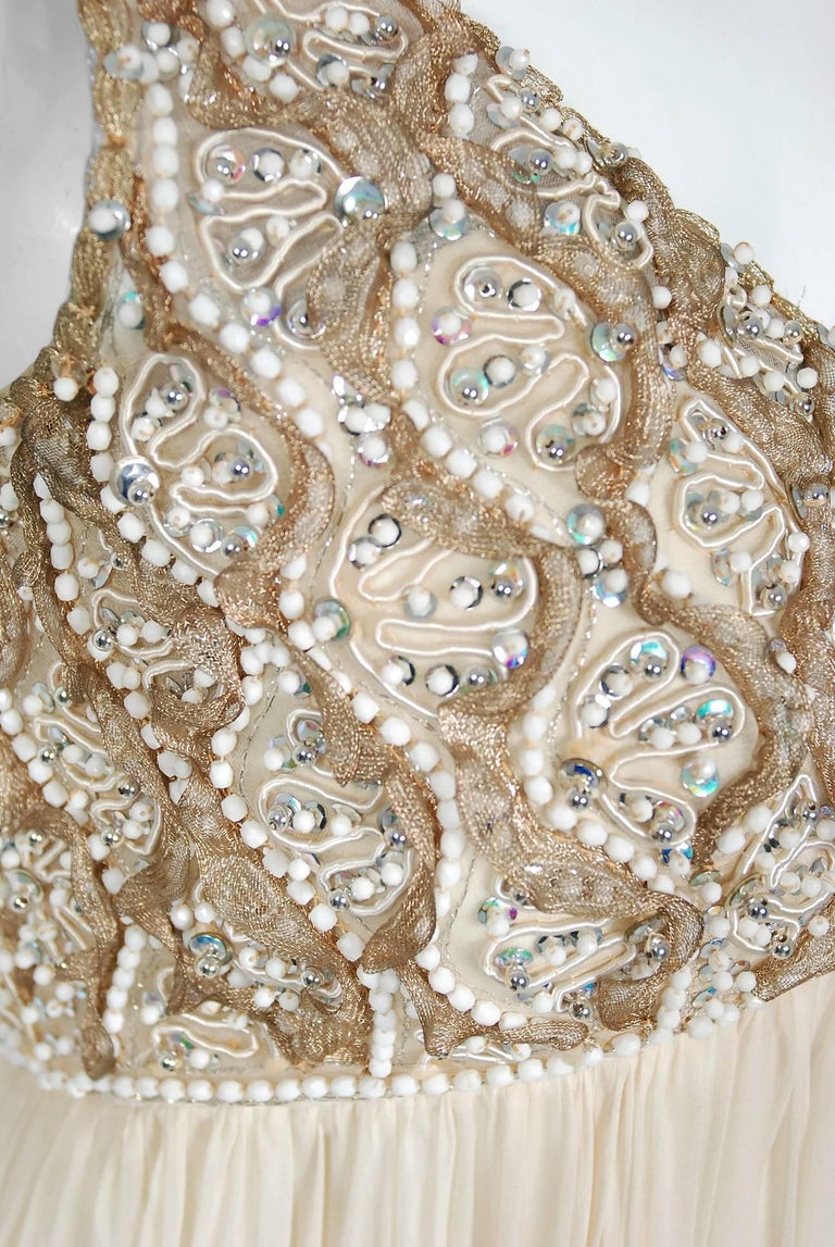 Vintage 1960's Malcolm Starr Beaded Ivory Chiffon Empire Goddess Bridal Gown In Good Condition For Sale In Beverly Hills, CA