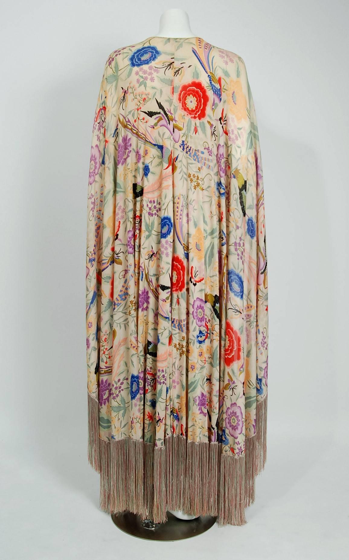 1971 Missoni Couture Colorful Floral Bird Print Silk-Jersey Fringe Caftan Gown 2