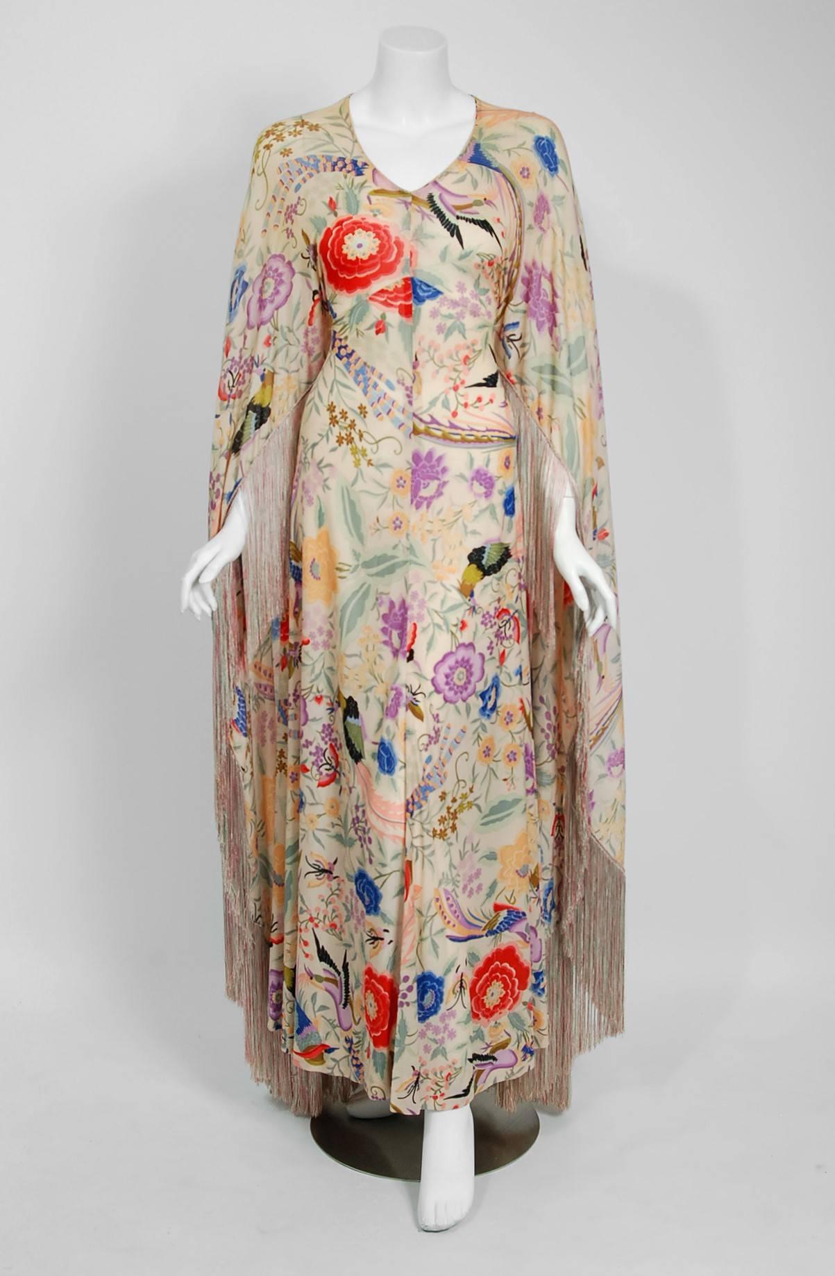 Brown 1971 Missoni Couture Colorful Floral Bird Print Silk-Jersey Fringe Caftan Gown