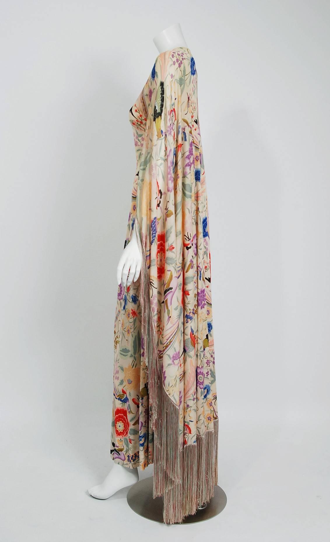 1971 Missoni Couture Colorful Floral Bird Print Silk-Jersey Fringe Caftan Gown 1