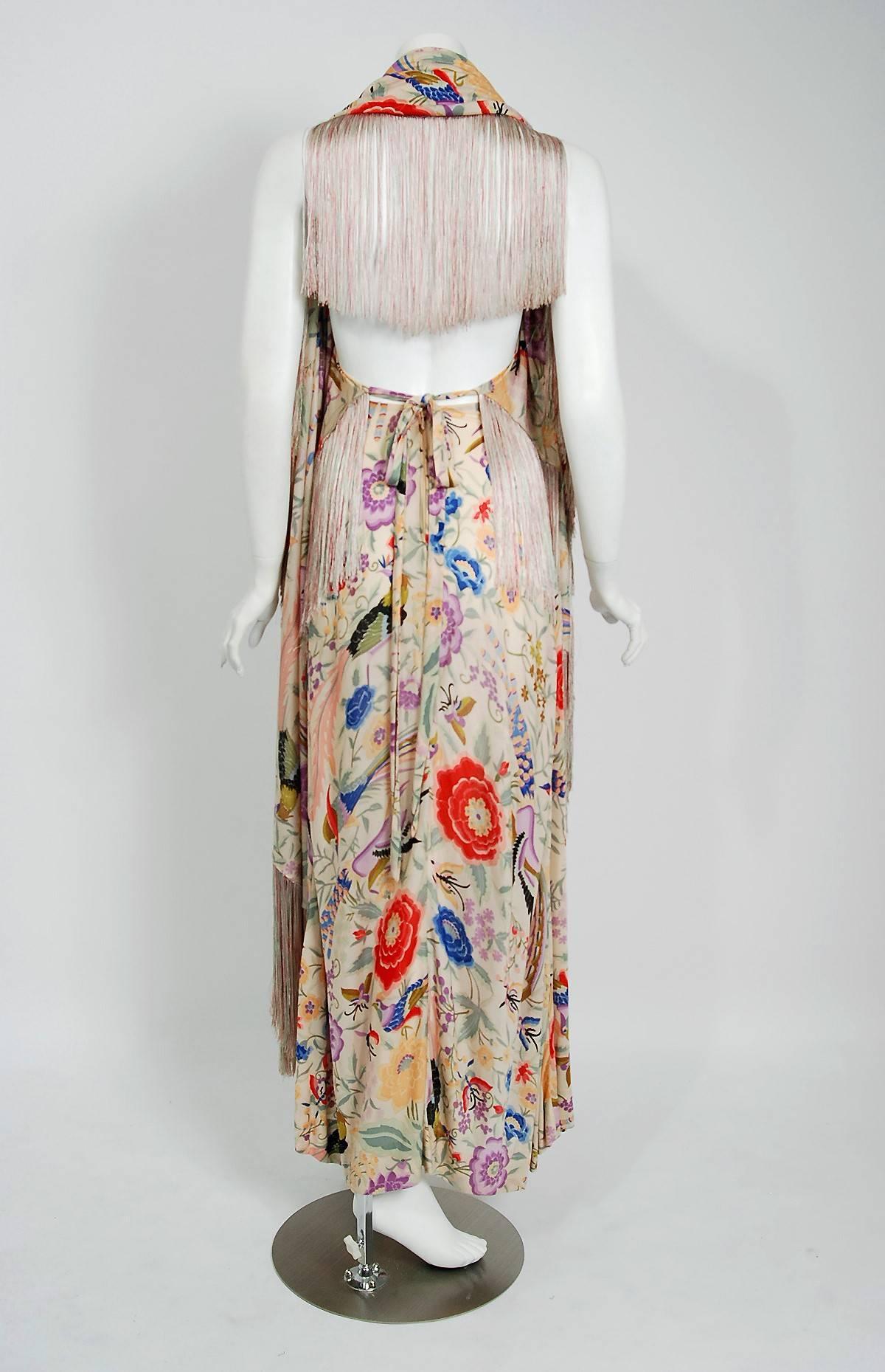 1971 Missoni Couture Colorful Floral Bird Print Silk-Jersey Fringe Caftan Gown 3