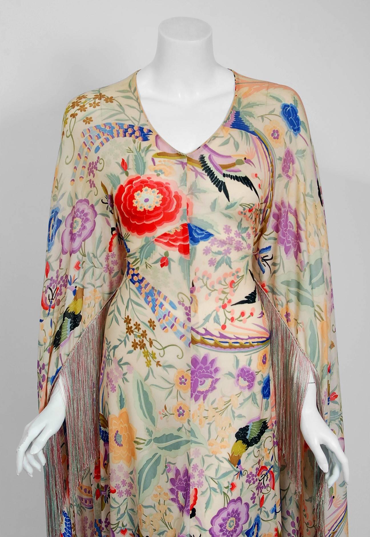 1971 Missoni Couture Colorful Floral Bird Print Silk-Jersey Fringe Caftan Gown In Good Condition In Beverly Hills, CA
