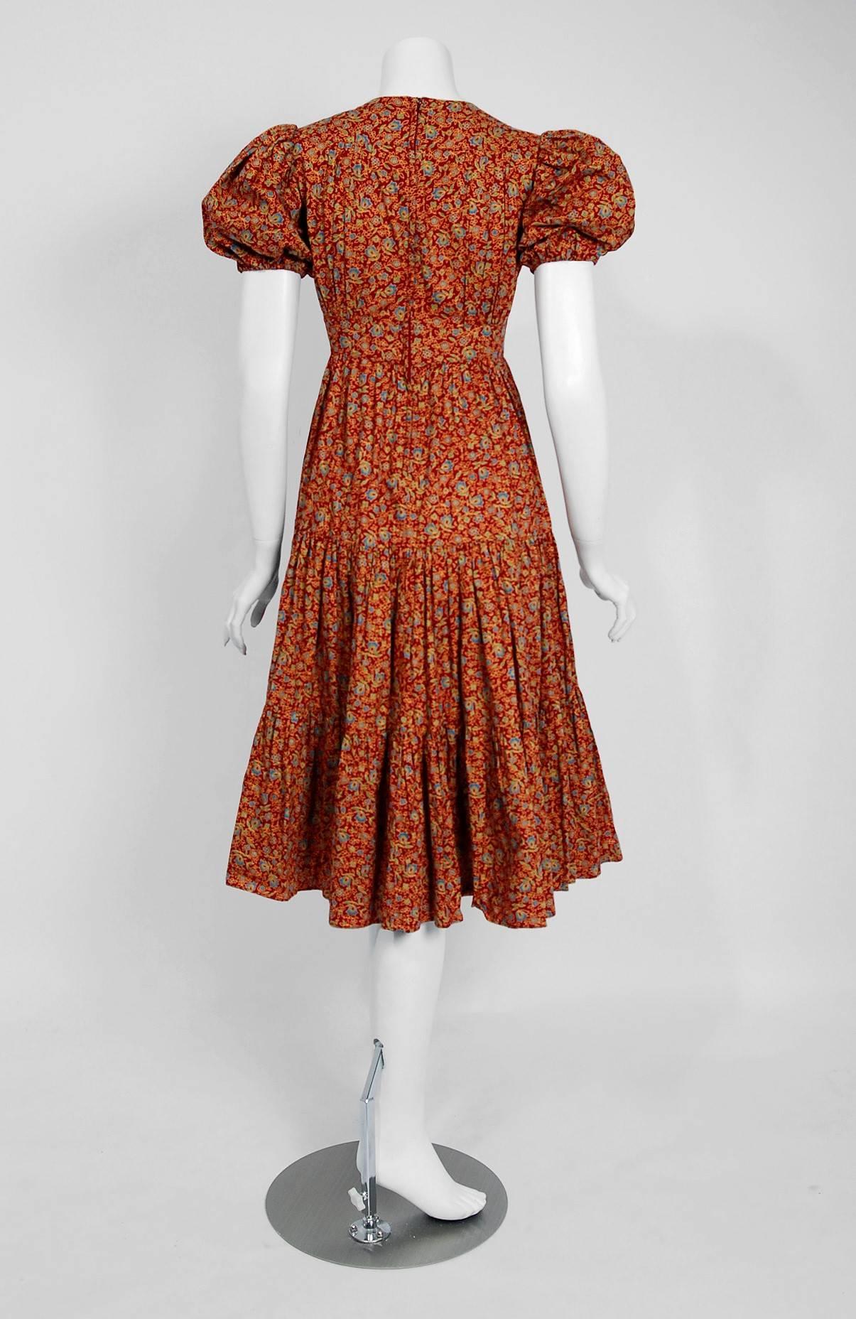 Women's or Men's Ossie Clark Burgundy Floral Print Cotton Empire Plunge Puff Sleeve Dress, 1975  