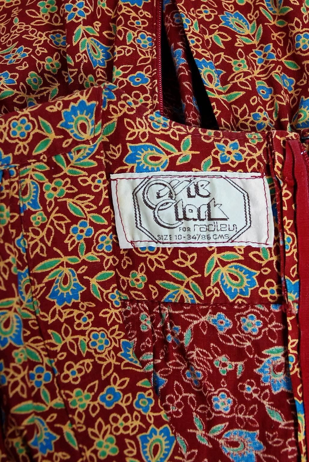 Ossie Clark Burgundy Floral Print Cotton Empire Plunge Puff Sleeve Dress, 1975   1