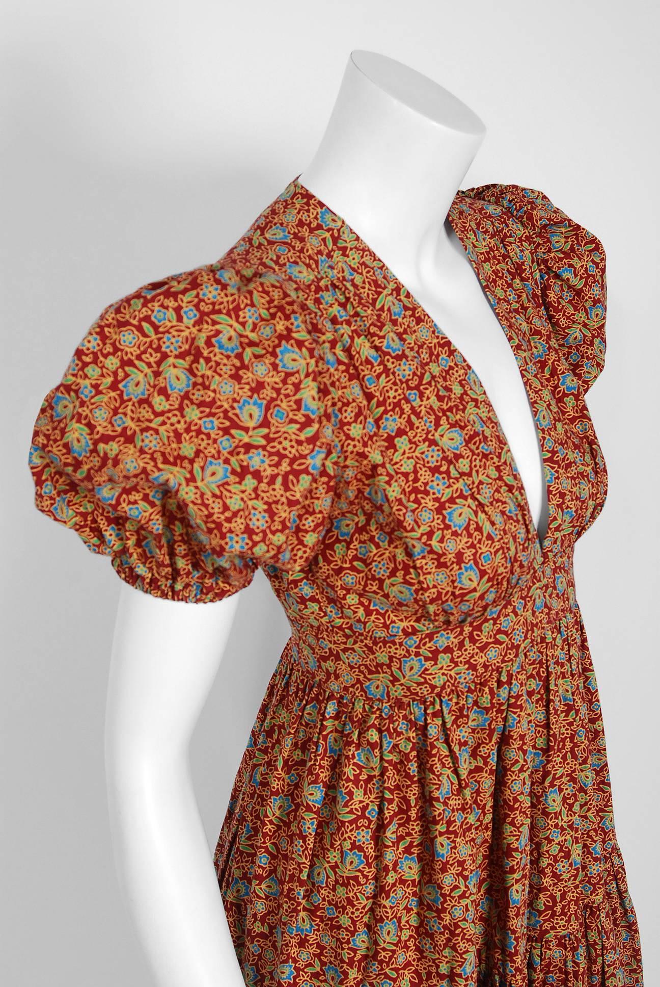 Brown Ossie Clark Burgundy Floral Print Cotton Empire Plunge Puff Sleeve Dress, 1975  
