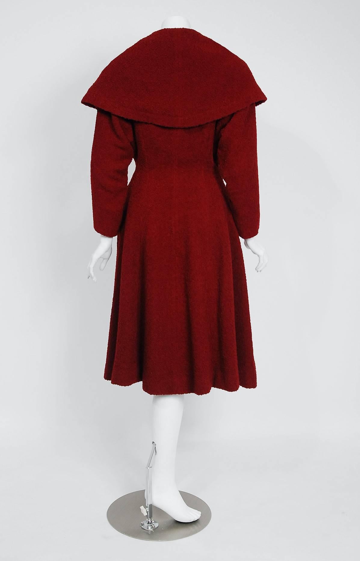 1940's Burgundy Red Chenille-Wool Double Breasted Shawl Collar Princess Coat  1