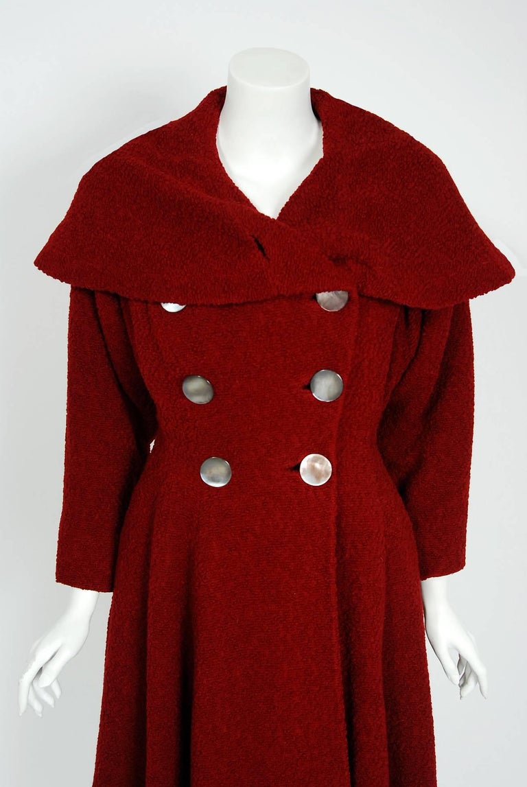 1940's Burgundy Red Chenille-Wool Double Breasted Shawl Collar Princess ...