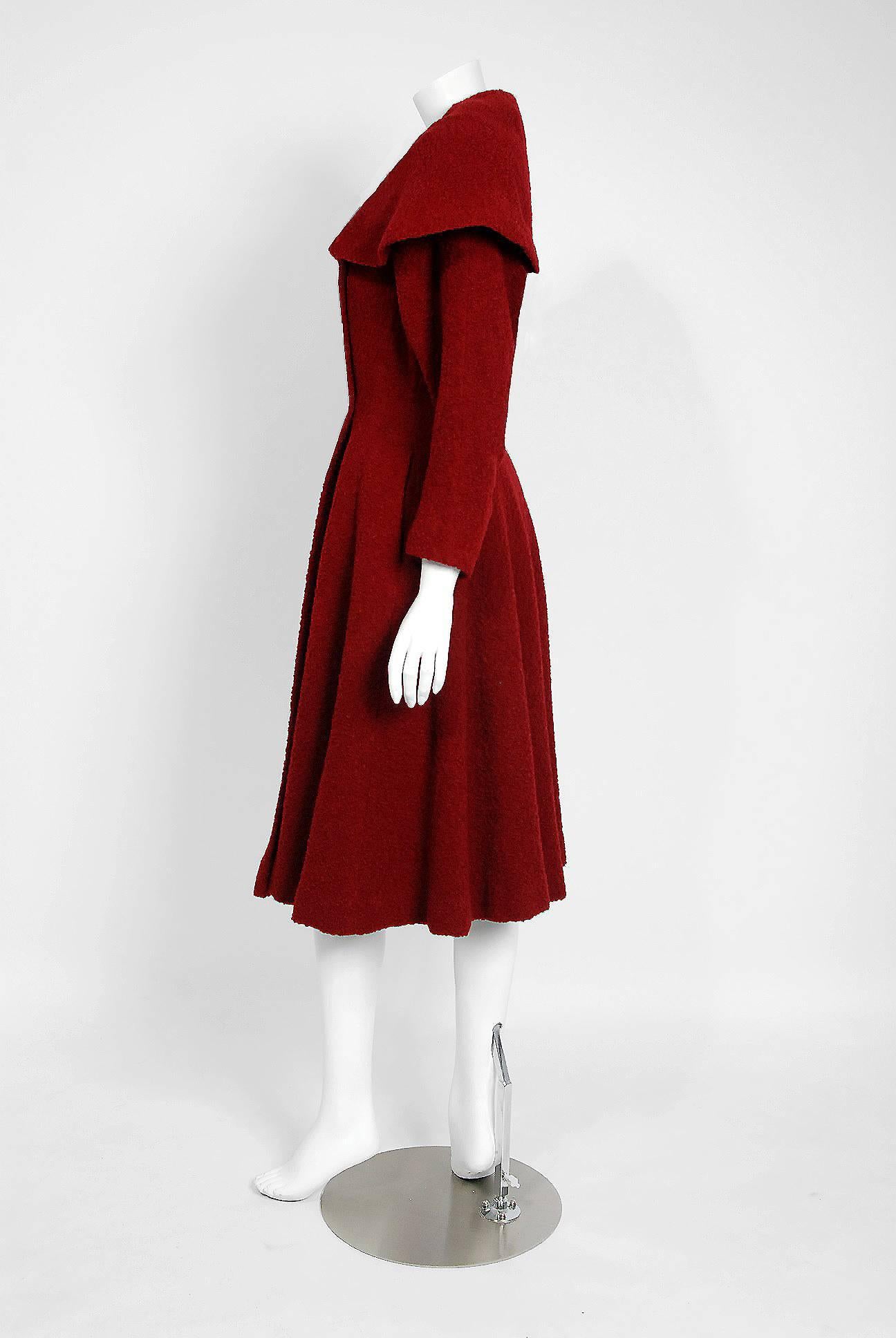 Women's 1940's Burgundy Red Chenille-Wool Double Breasted Shawl Collar Princess Coat 
