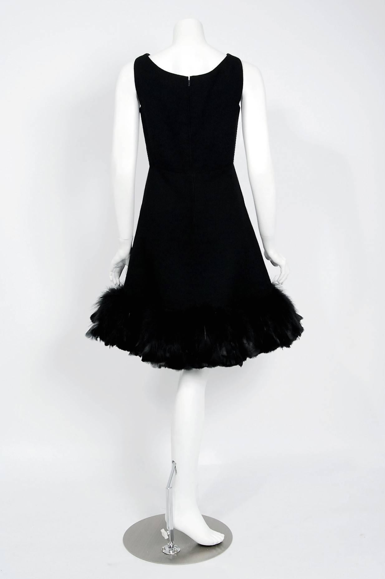 Vintage 1967 Geoffrey Beene Documented Black Wool & Feather Mod Cocktail Dress   1