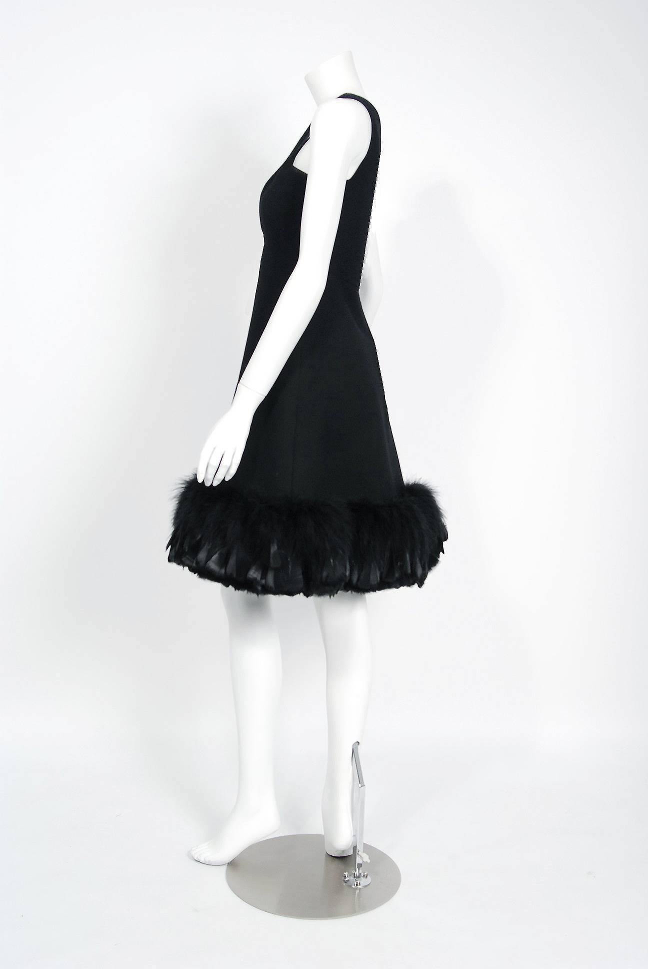 Women's Vintage 1967 Geoffrey Beene Documented Black Wool & Feather Mod Cocktail Dress  