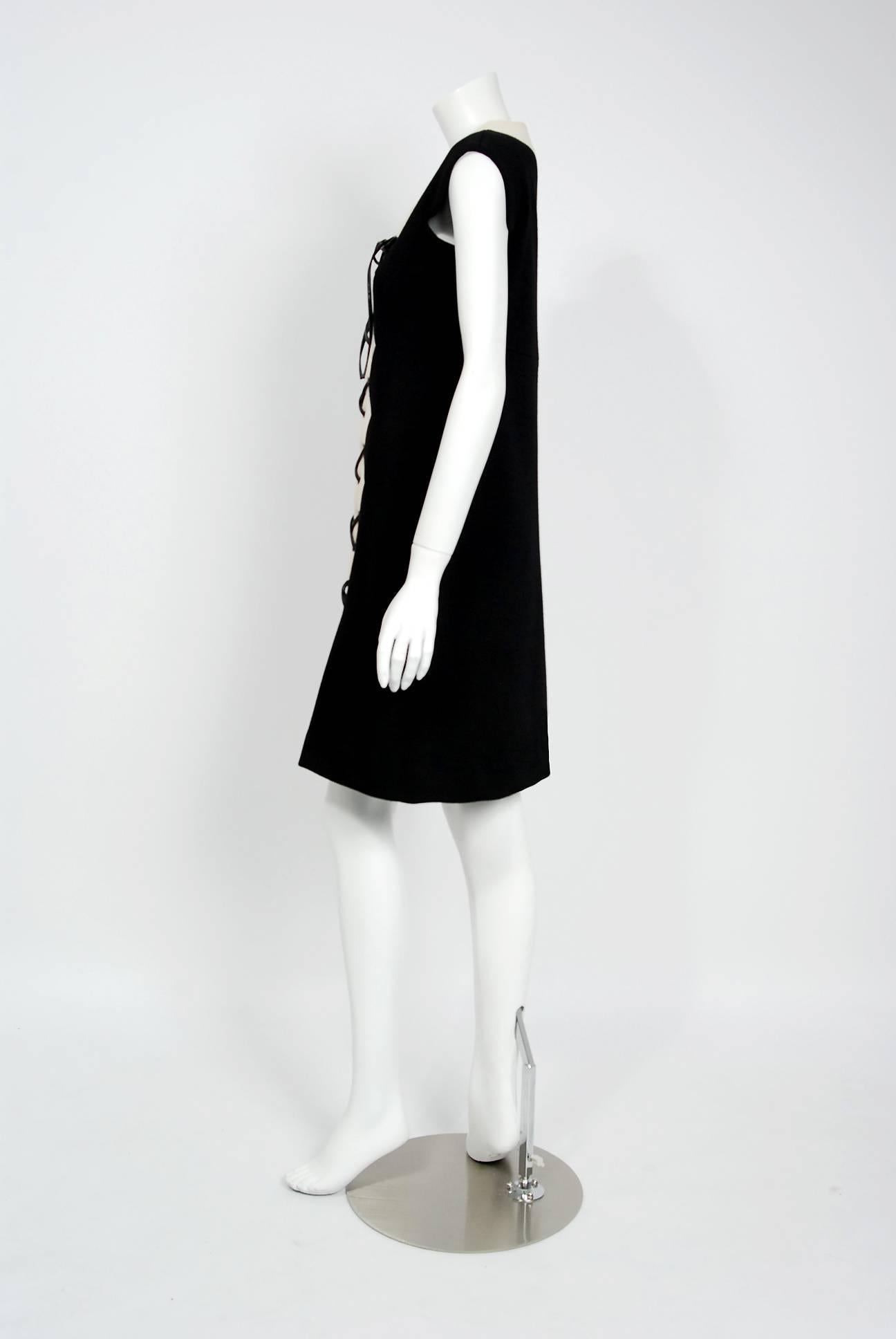 1968 Pierre Cardin Black & Ivory Block Color Wool Lace-Up Mod Space Age Dress  1