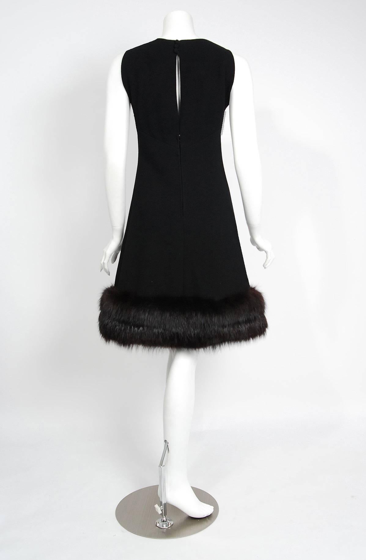 1965 Pauline Trigere Black Wool & Genuine Fox-Fur Cocktail Dress & Capelet Set 2