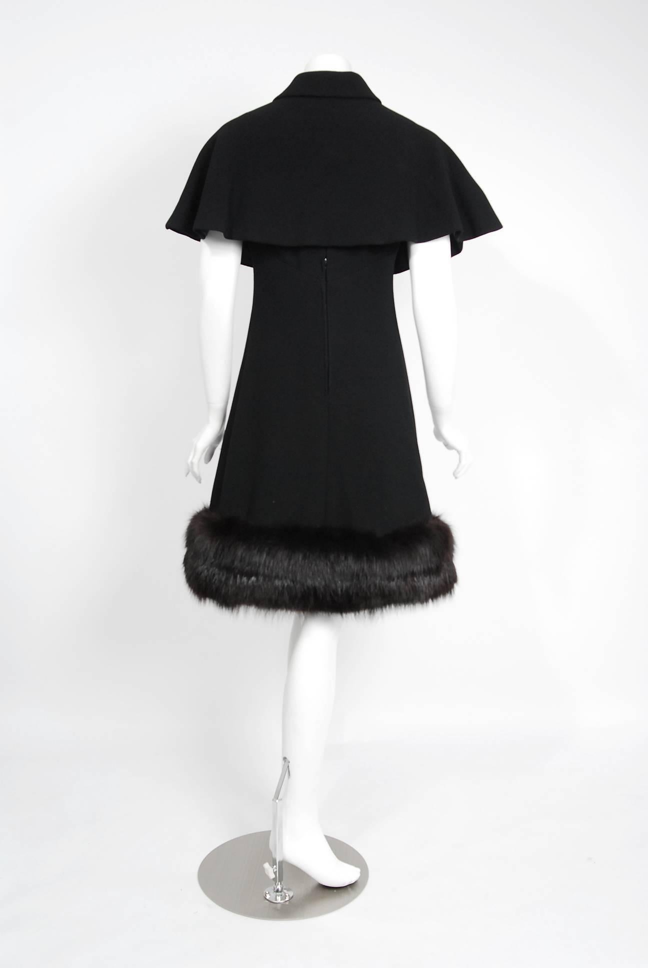 1965 Pauline Trigere Black Wool & Genuine Fox-Fur Cocktail Dress & Capelet Set 4