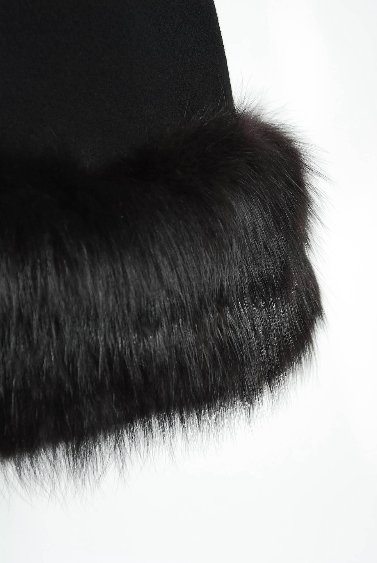 1965 Pauline Trigere Black Wool & Genuine Fox-Fur Cocktail Dress & Capelet Set 1