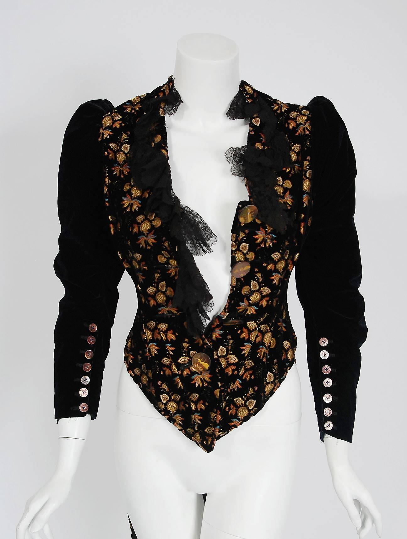 Black House of Worth Haute Couture Colorful Velvet Scenic Buttons Tails Jacket, 1890 