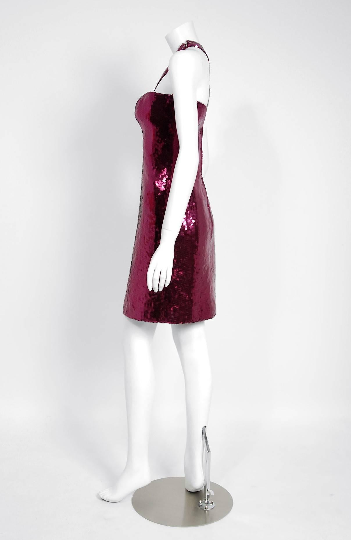 1975 Loris Azzaro Couture Fuchsia Sequin Asymmetric One-Shoulder Cocktail Dress In Excellent Condition In Beverly Hills, CA