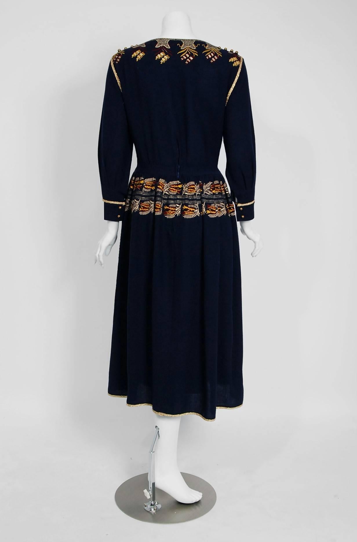 Women's Vintage 1979 Karl Lagerfeld for Chloe Documented Navy Embroidered Knit Dress 