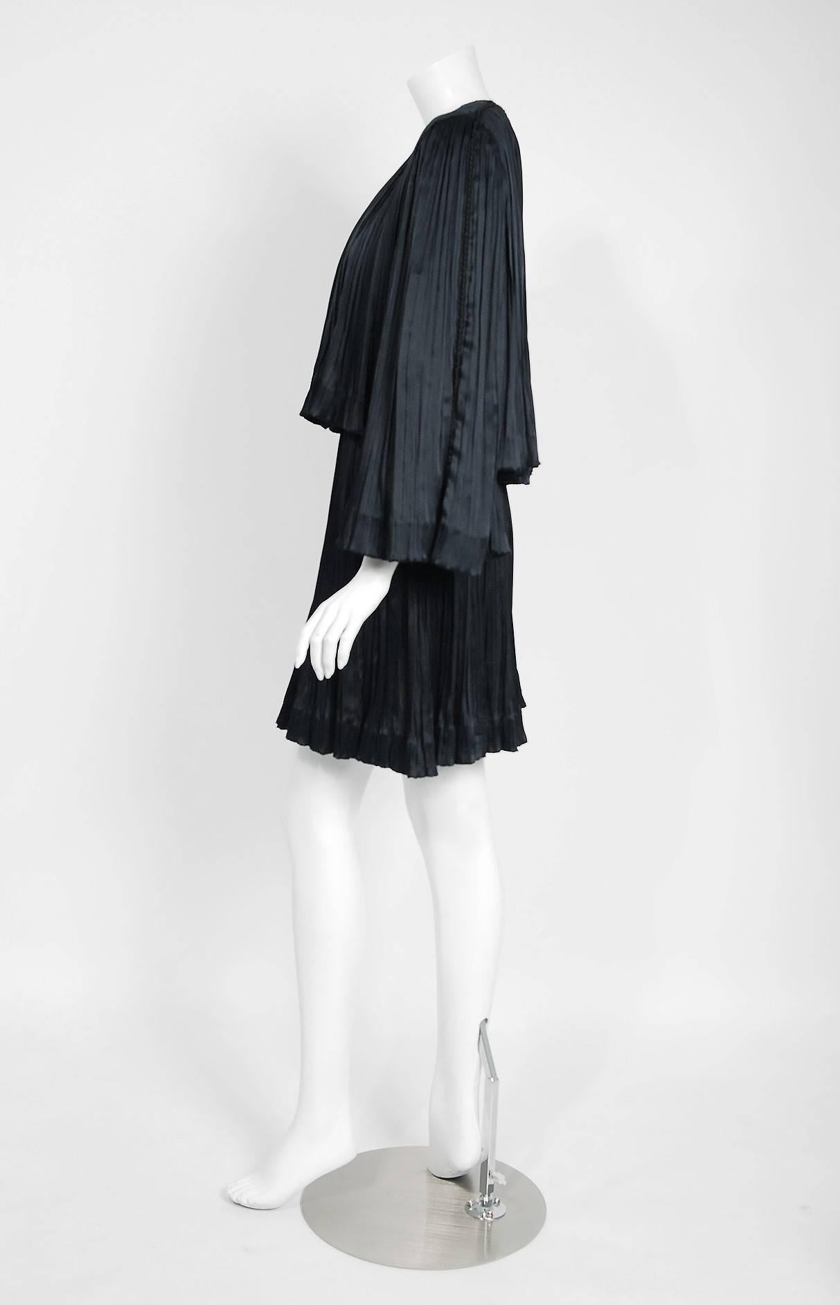 1977 Chanel Black Fortuny Pleated Silk Mini Cocktail Dress & Bell-Sleeve Jacket  2