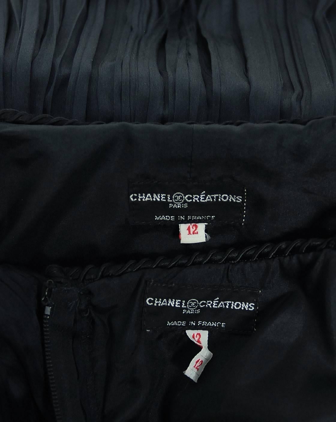 1977 Chanel Black Fortuny Pleated Silk Mini Cocktail Dress & Bell-Sleeve Jacket  4