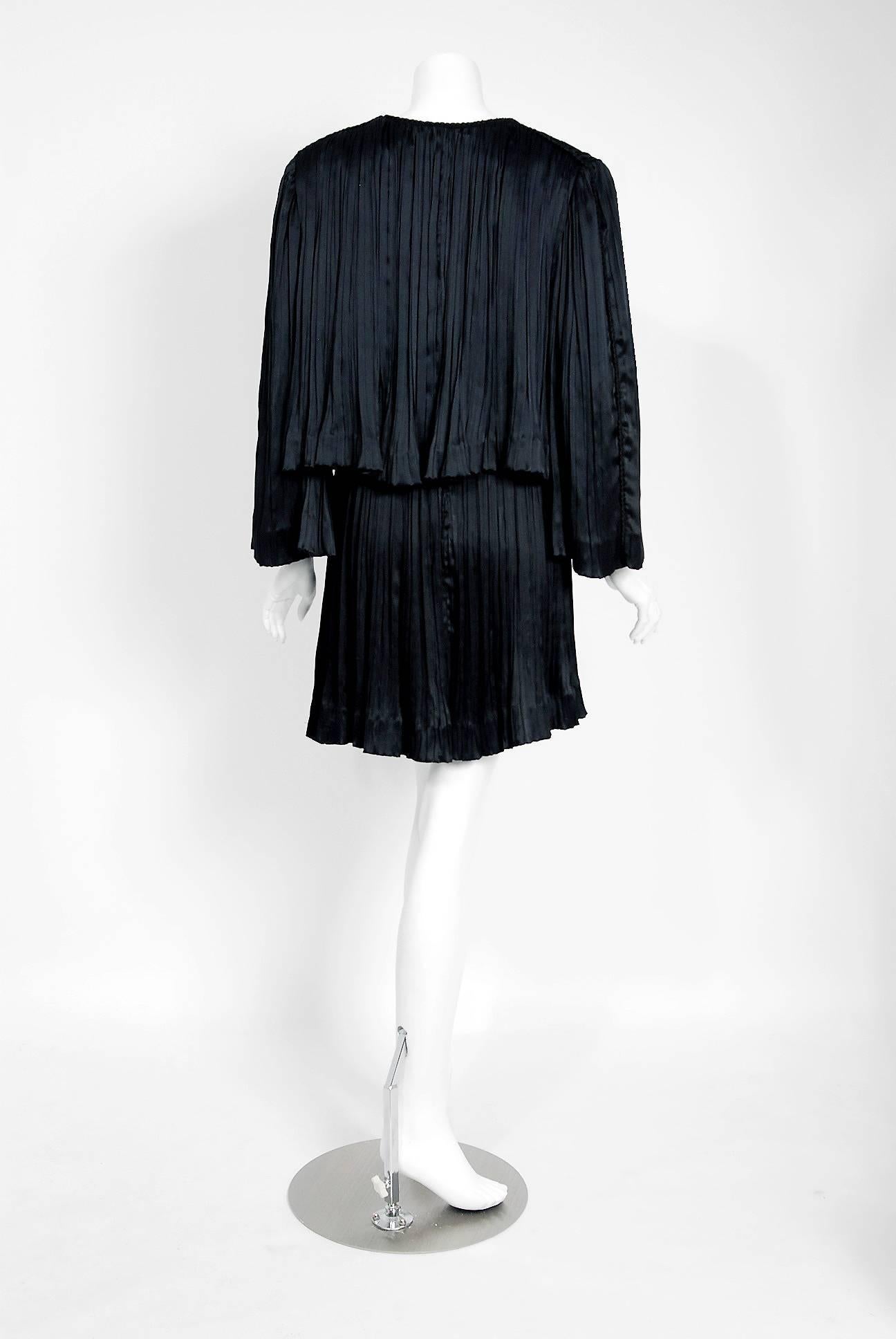 1977 Chanel Black Fortuny Pleated Silk Mini Cocktail Dress & Bell-Sleeve Jacket  3