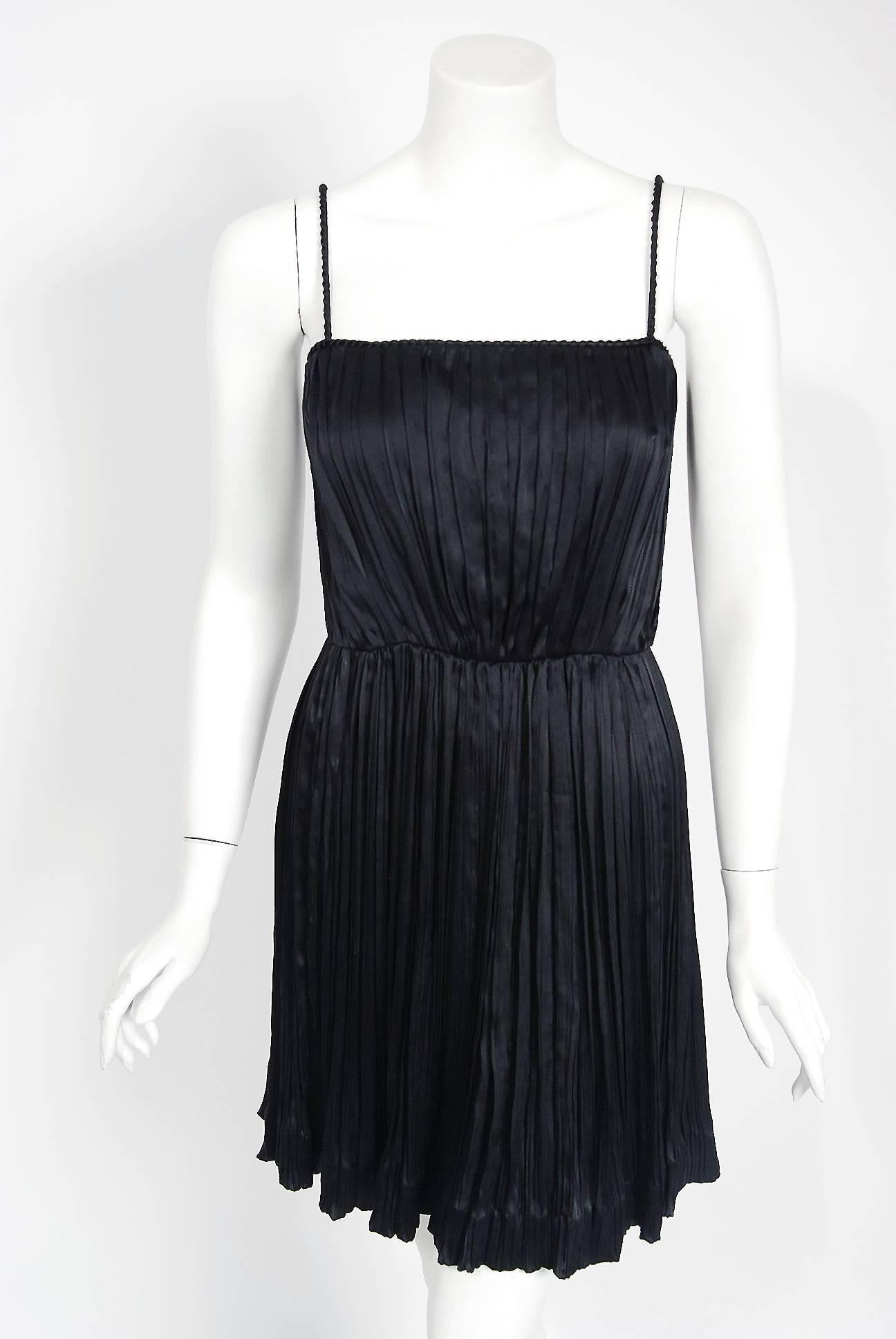 1977 Chanel Black Fortuny Pleated Silk Mini Cocktail Dress & Bell-Sleeve Jacket  In Excellent Condition In Beverly Hills, CA
