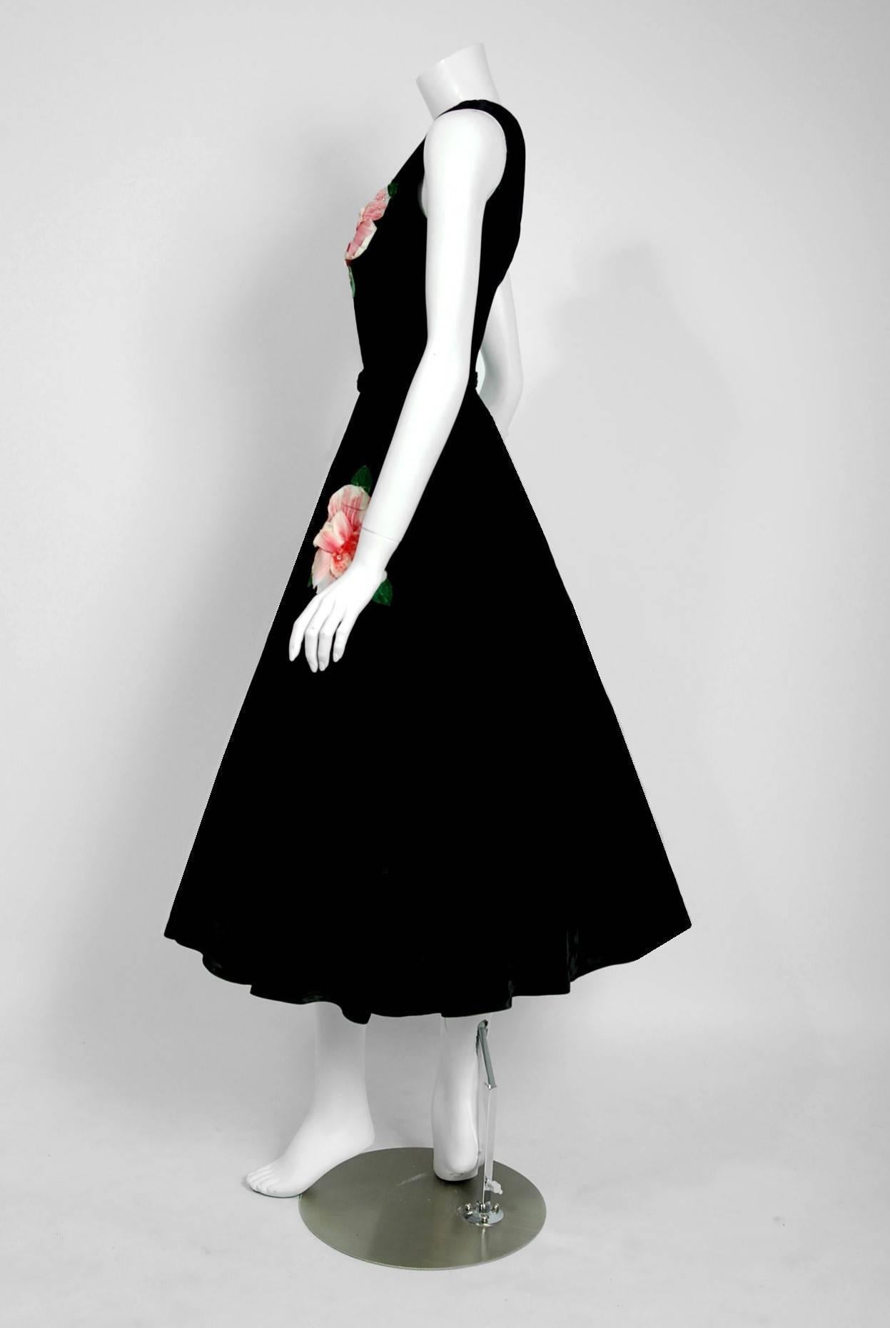 Women's 1950's Pink-Roses Floral Applique Black Velvet One Shoulder Belted Party Dress