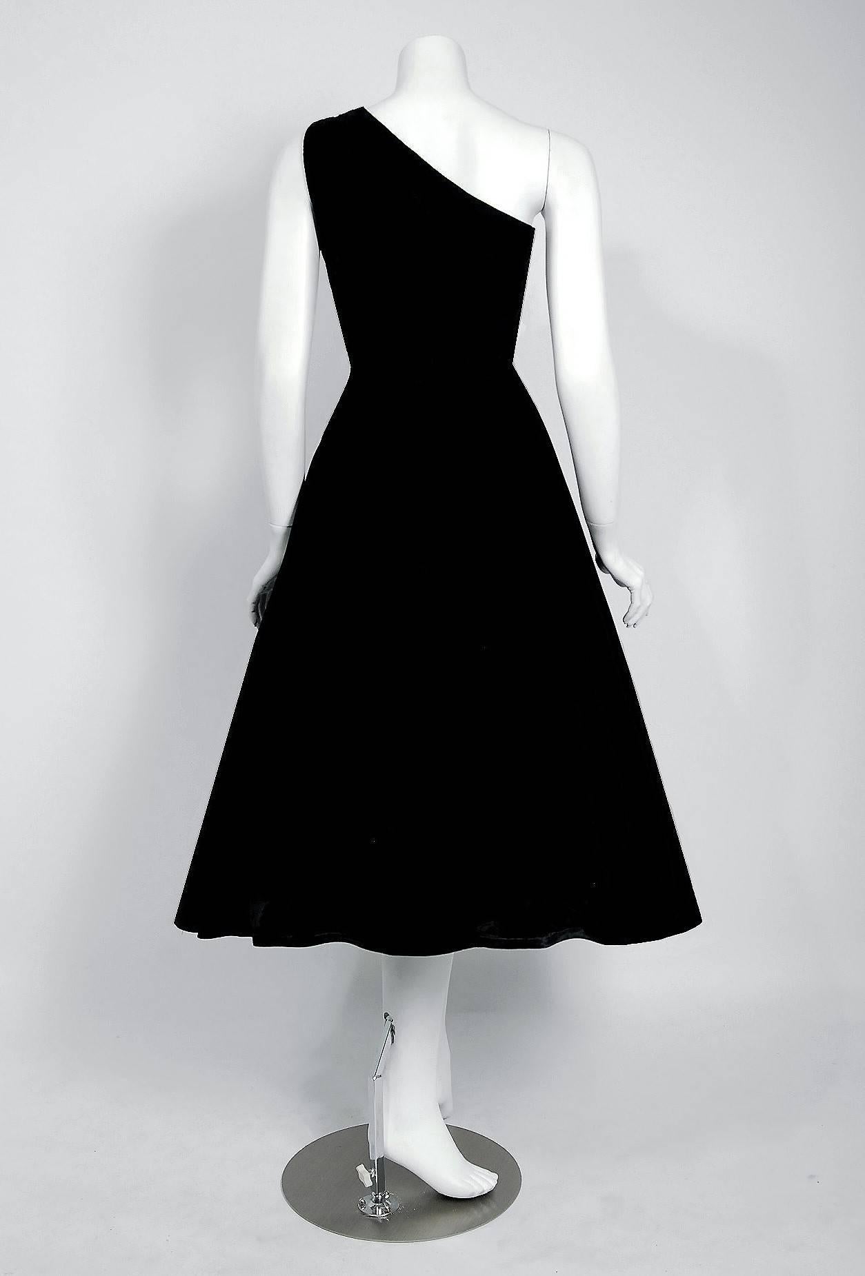 1950's Pink-Roses Floral Applique Black Velvet One Shoulder Belted Party Dress 1