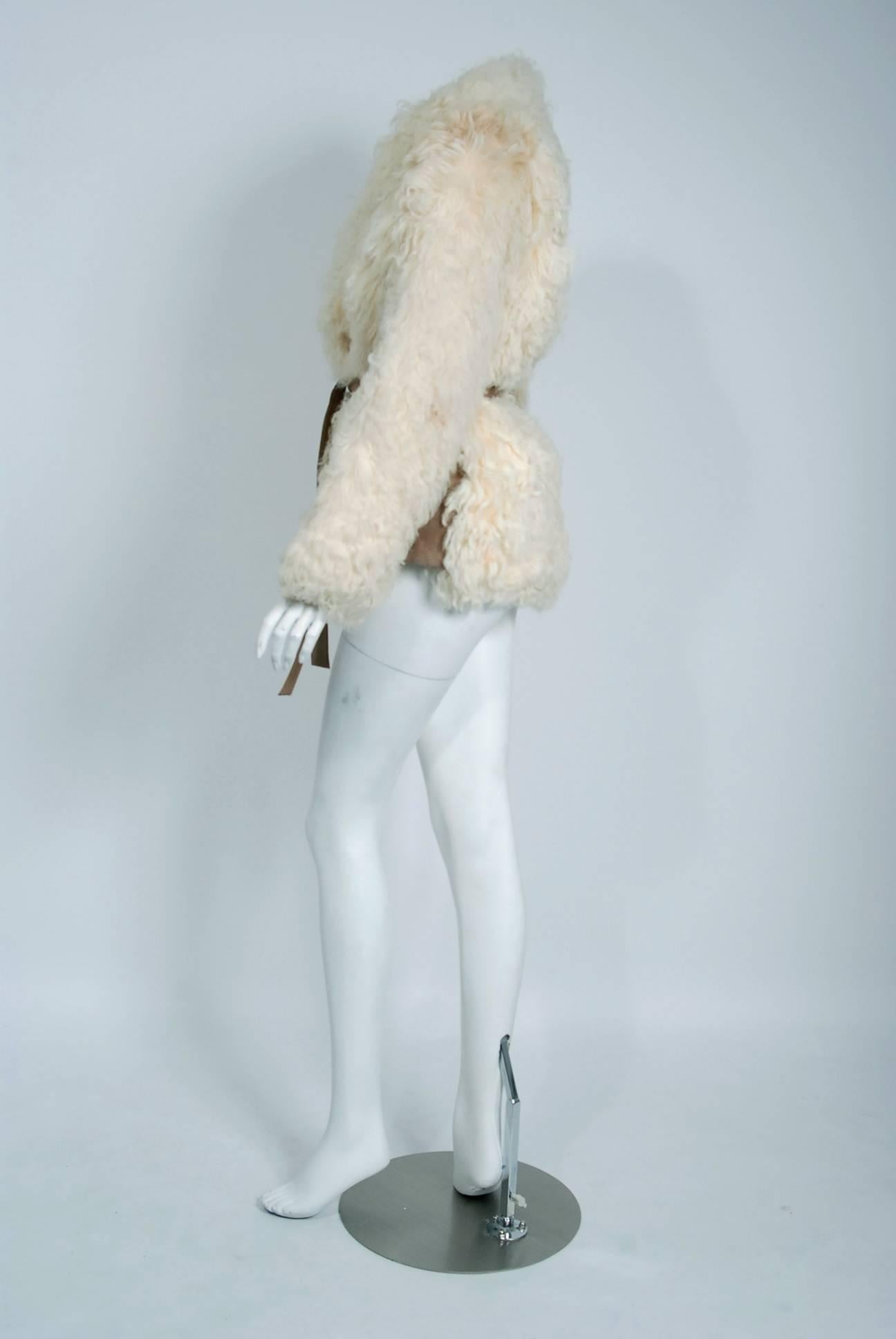 Women's or Men's 1970's Ivory Mongolian Curly-Lamb Fur & Tan Suede Belted Cropped Coat Jacket 