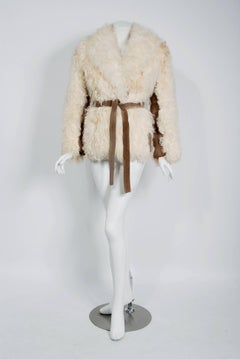 1970's Ivory Mongolian Curly-Lamb Fur & Tan Suede Belted Cropped Coat Jacket