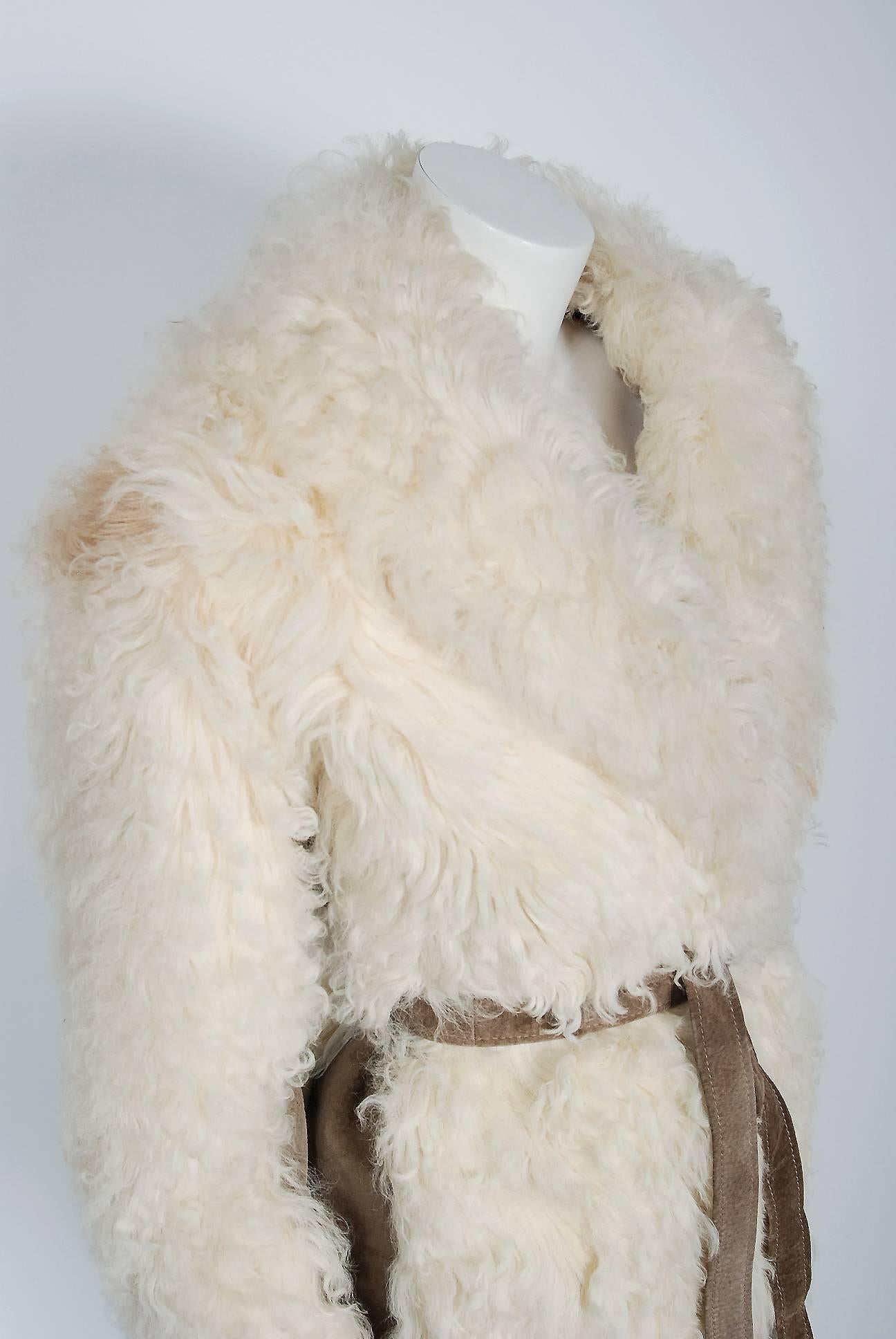 Beige 1970's Ivory Mongolian Curly-Lamb Fur & Tan Suede Belted Cropped Coat Jacket 
