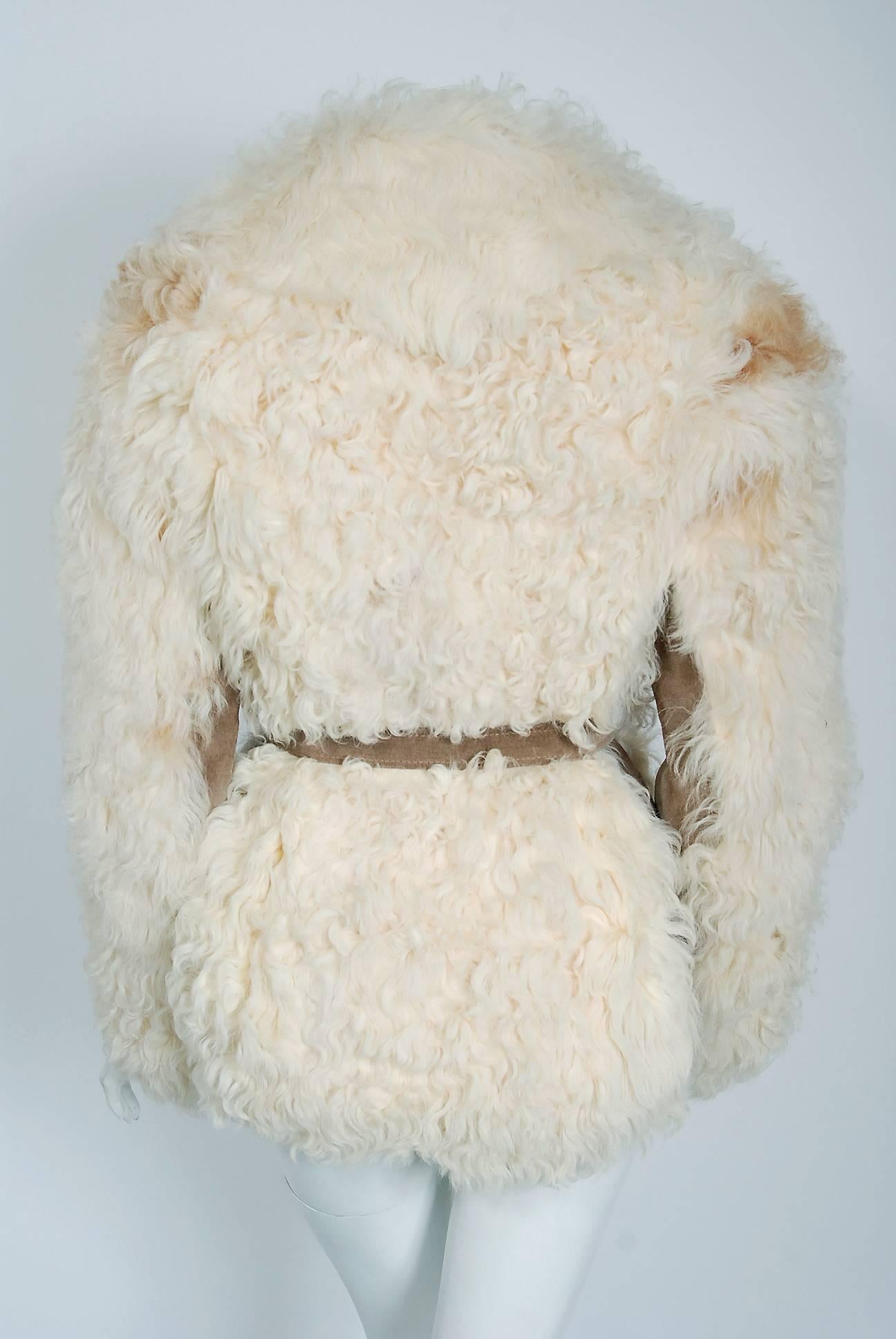 1970's Ivory Mongolian Curly-Lamb Fur & Tan Suede Belted Cropped Coat Jacket  1