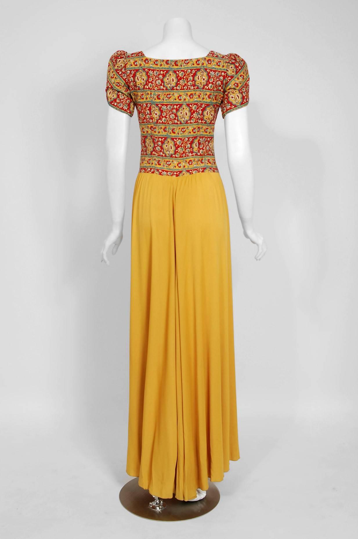 1930's Colorful Floral Print Silk & Marigold Jersey Puff Sleeve Cut-Out Gown  1