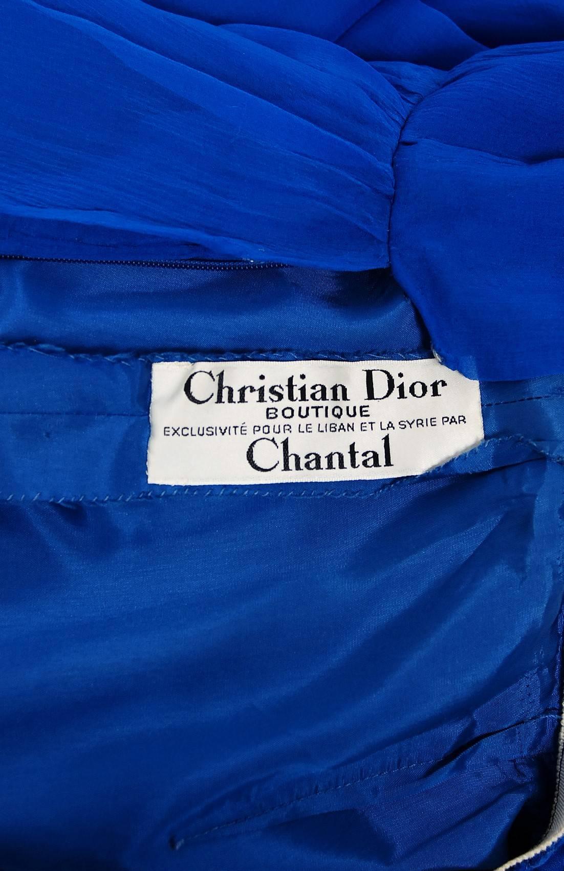 Women's Vintage 1973 Christian Dior Couture Sapphire Blue Chiffon Billow-Sleeve Dress